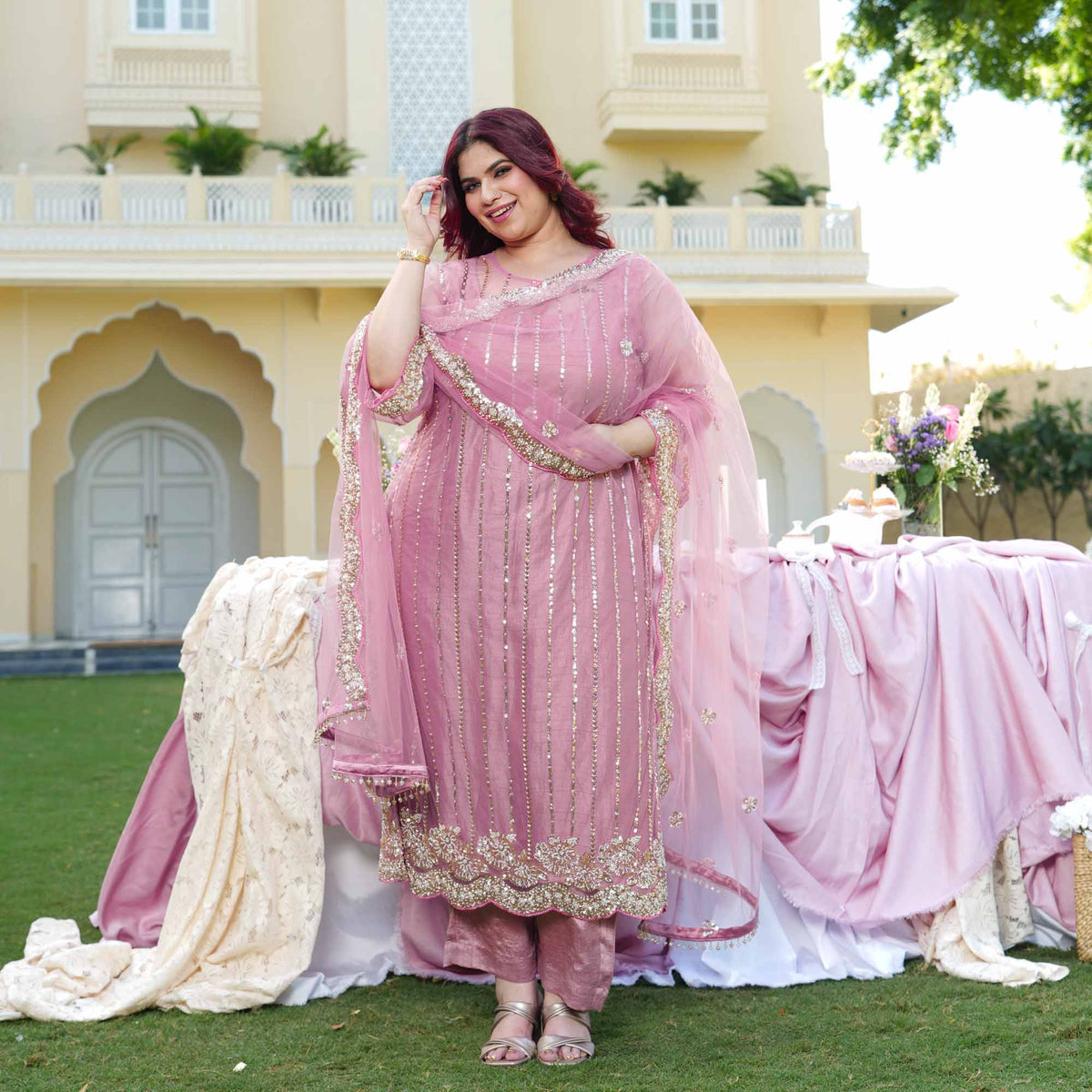Rhea- Rose Mauve Pearl & Cutdana Embroidered Net Suit Set