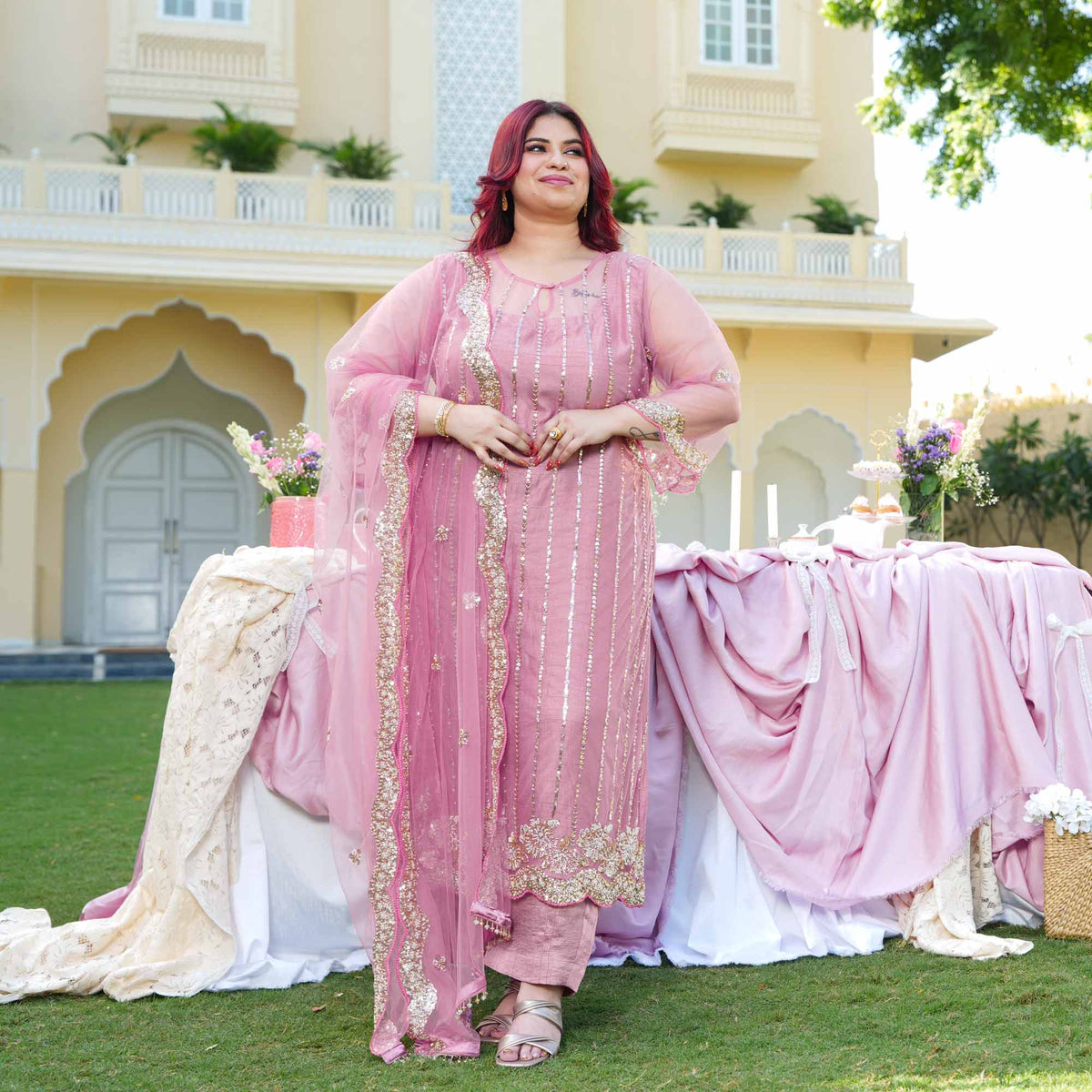 Rhea- Rose Mauve Pearl & Cutdana Embroidered Net Suit Set