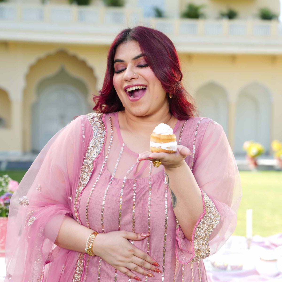 Rhea- Rose Mauve Pearl & Cutdana Embroidered Net Suit Set