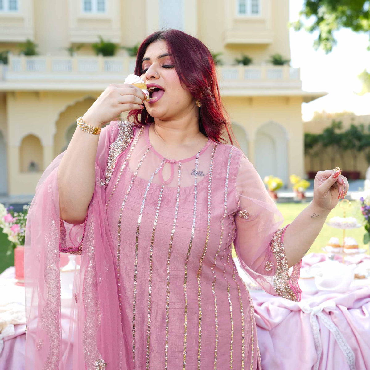 Rhea- Rose Mauve Pearl & Cutdana Embroidered Net Suit Set