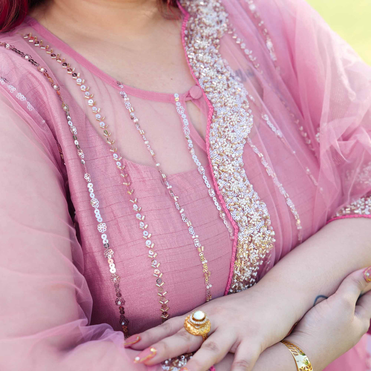 Rhea- Rose Mauve Pearl & Cutdana Embroidered Net Suit Set