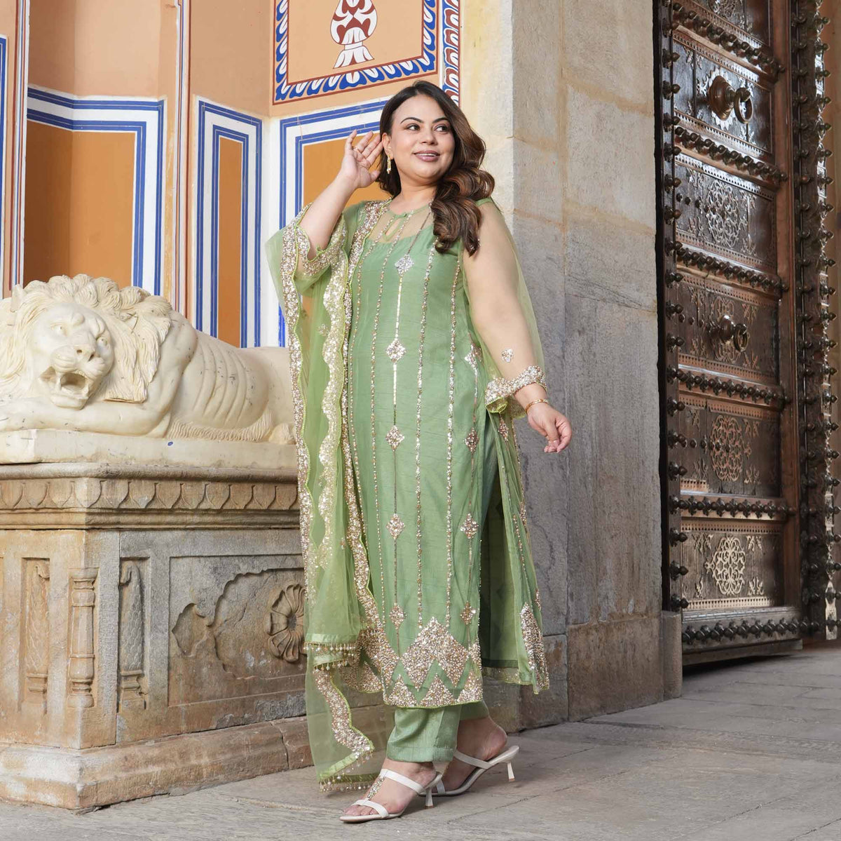Hera- Pastel Green & Cutdana Embroidered Net Suit Set