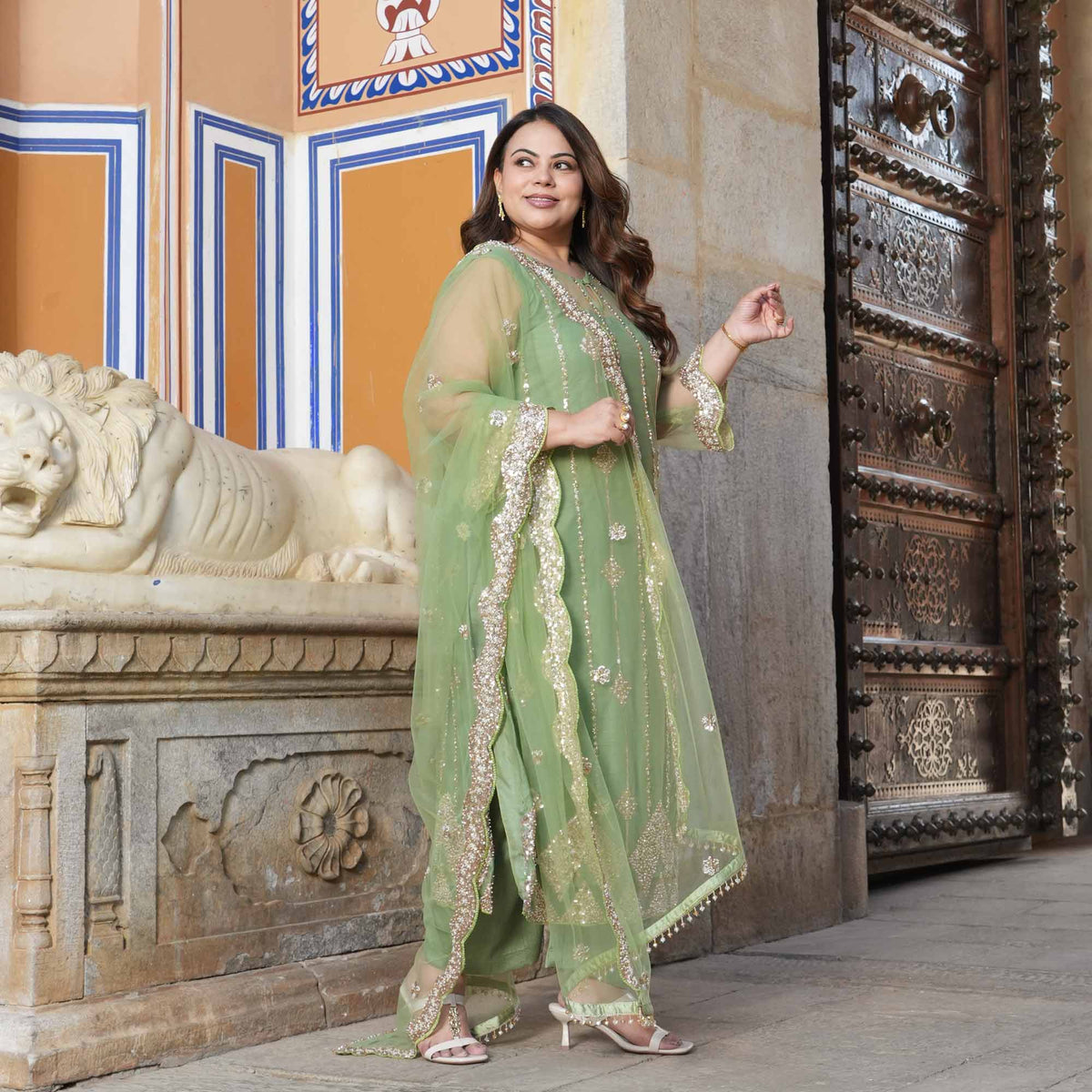 Hera- Pastel Green & Cutdana Embroidered Net Suit Set