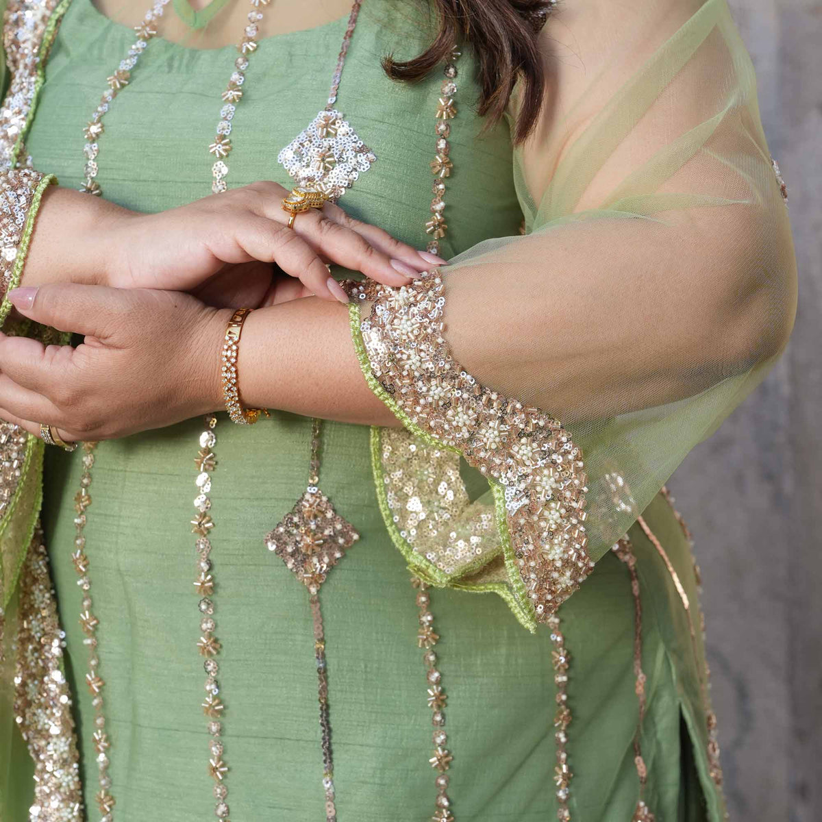 Hera- Pastel Green & Cutdana Embroidered Net Suit Set