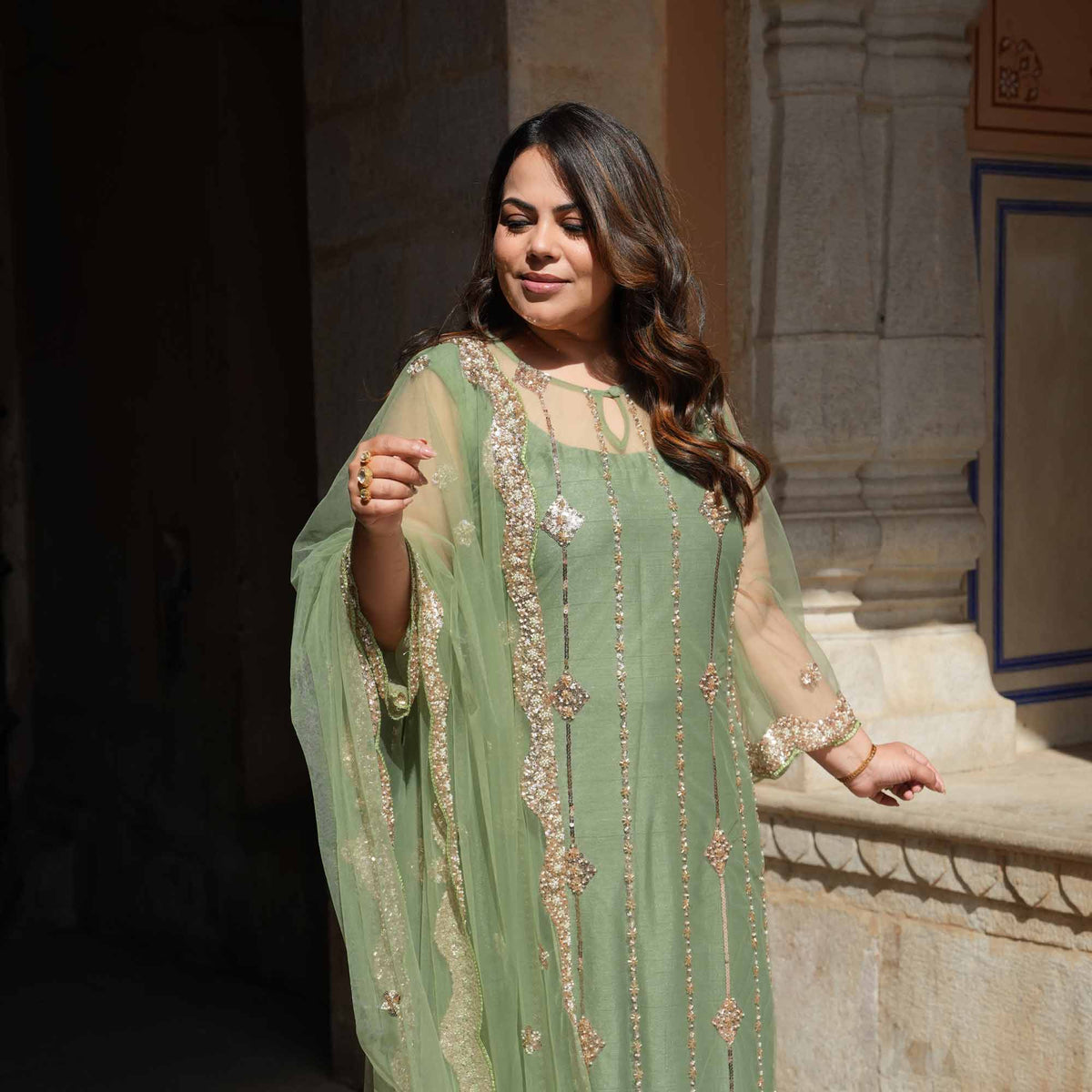 Hera- Pastel Green & Cutdana Embroidered Net Suit Set