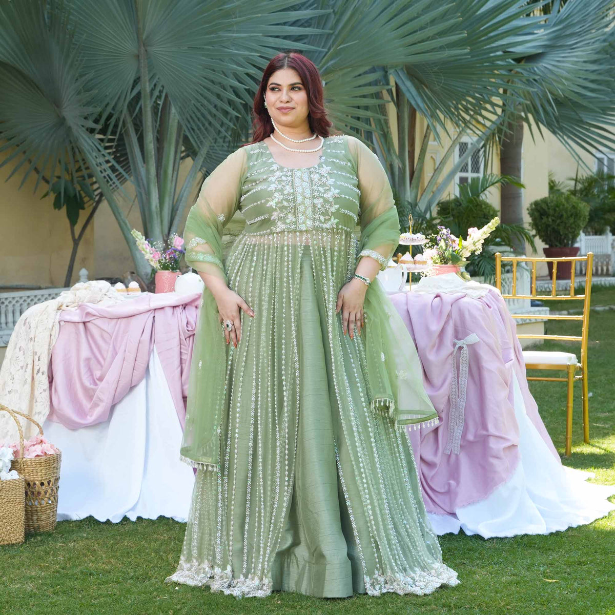 Trinity- Pistachio Green Pearl & Sequin Embroidered Net Cape Lehenga Set