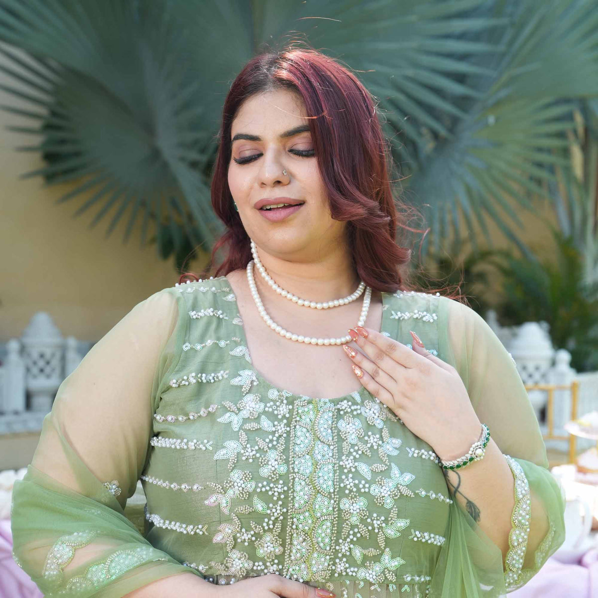 Trinity- Pistachio Green Pearl & Sequin Embroidered Net Cape Lehenga Set