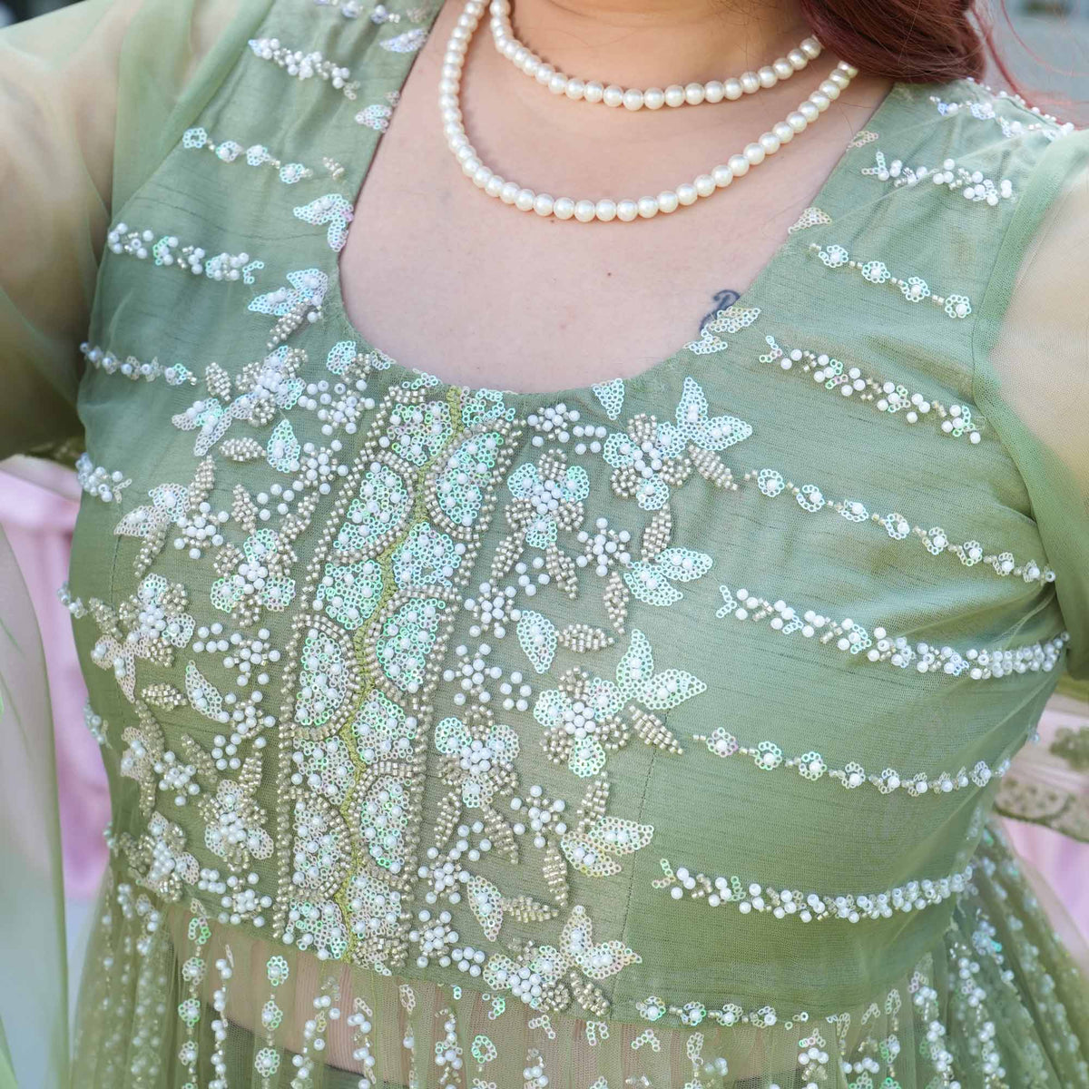 Trinity- Pistachio Green Pearl & Sequin Embroidered Net Cape Lehenga Set