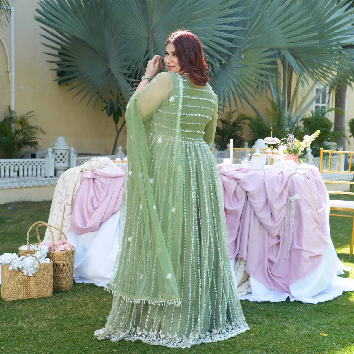 Trinity- Pistachio Green Pearl & Sequin Embroidered Net Cape Lehenga Set