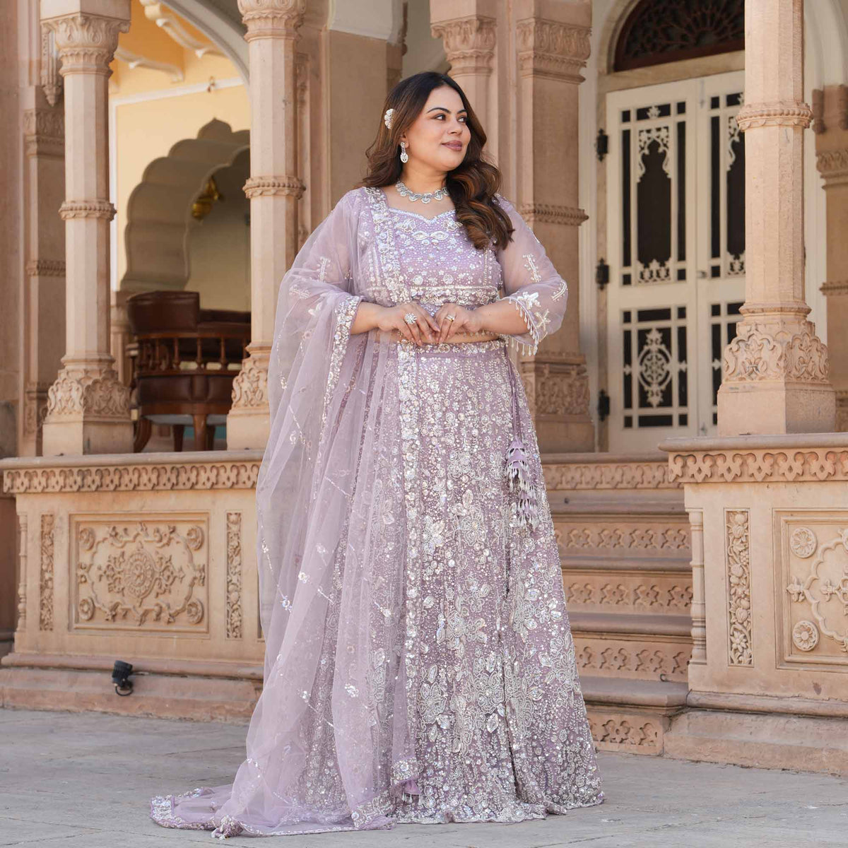 Athena- Misty Lavender Pearl & Sequin Embroidered Net Lehenga Set