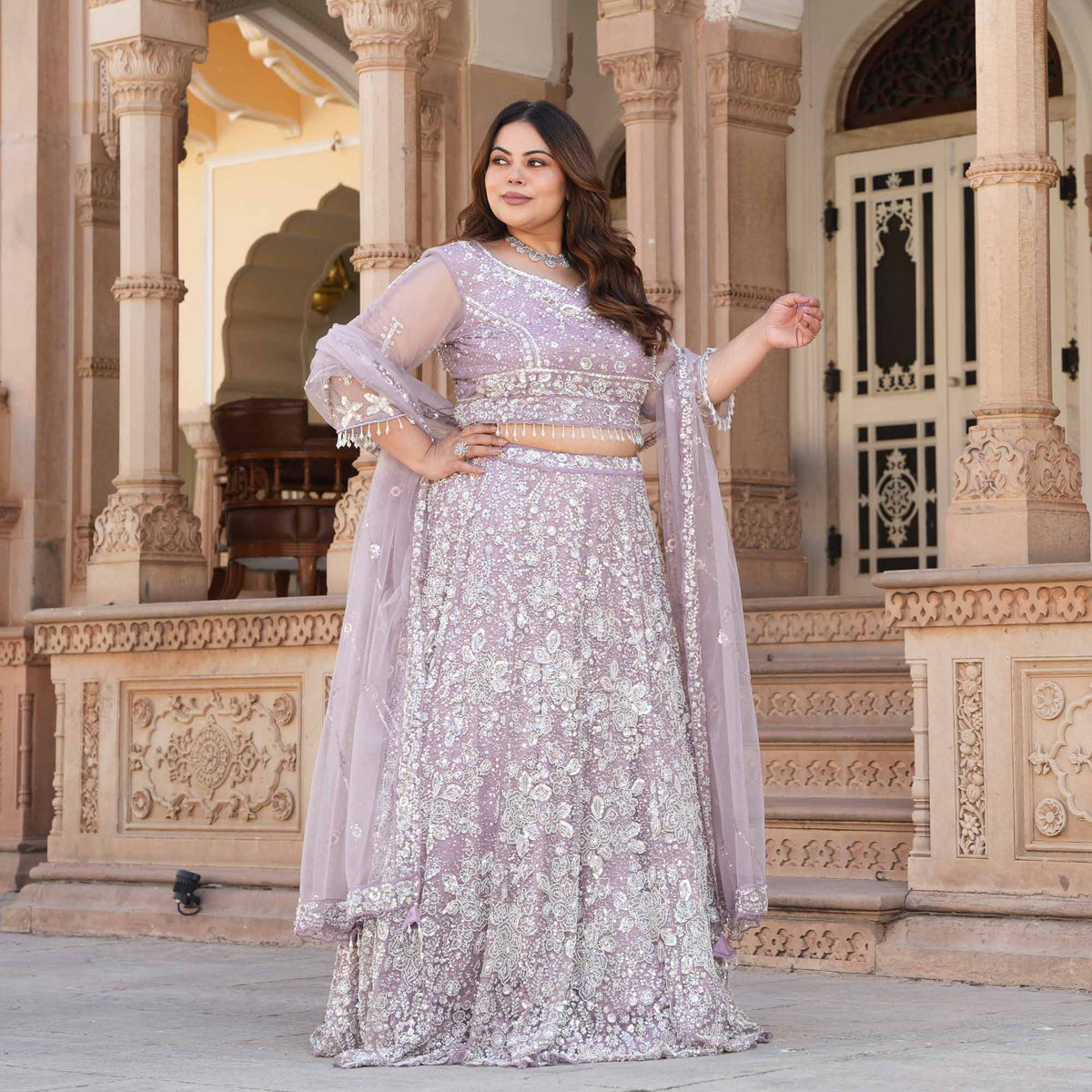 Athena- Misty Lavender Pearl & Sequin Embroidered Net Lehenga Set