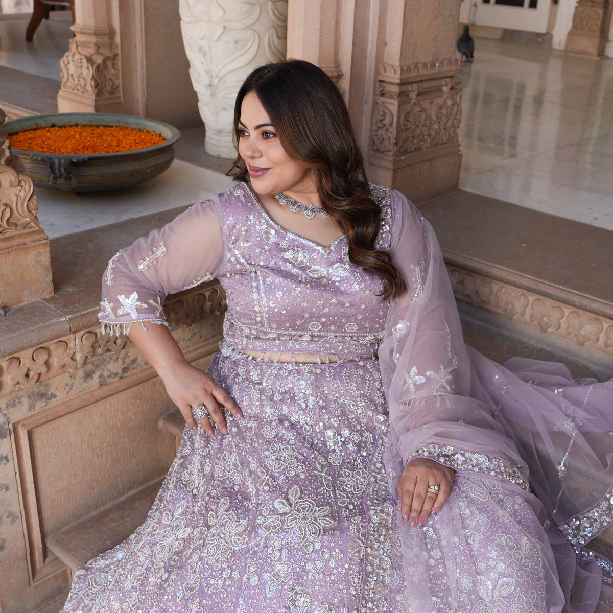 Athena- Misty Lavender Pearl & Sequin Embroidered Net Lehenga Set