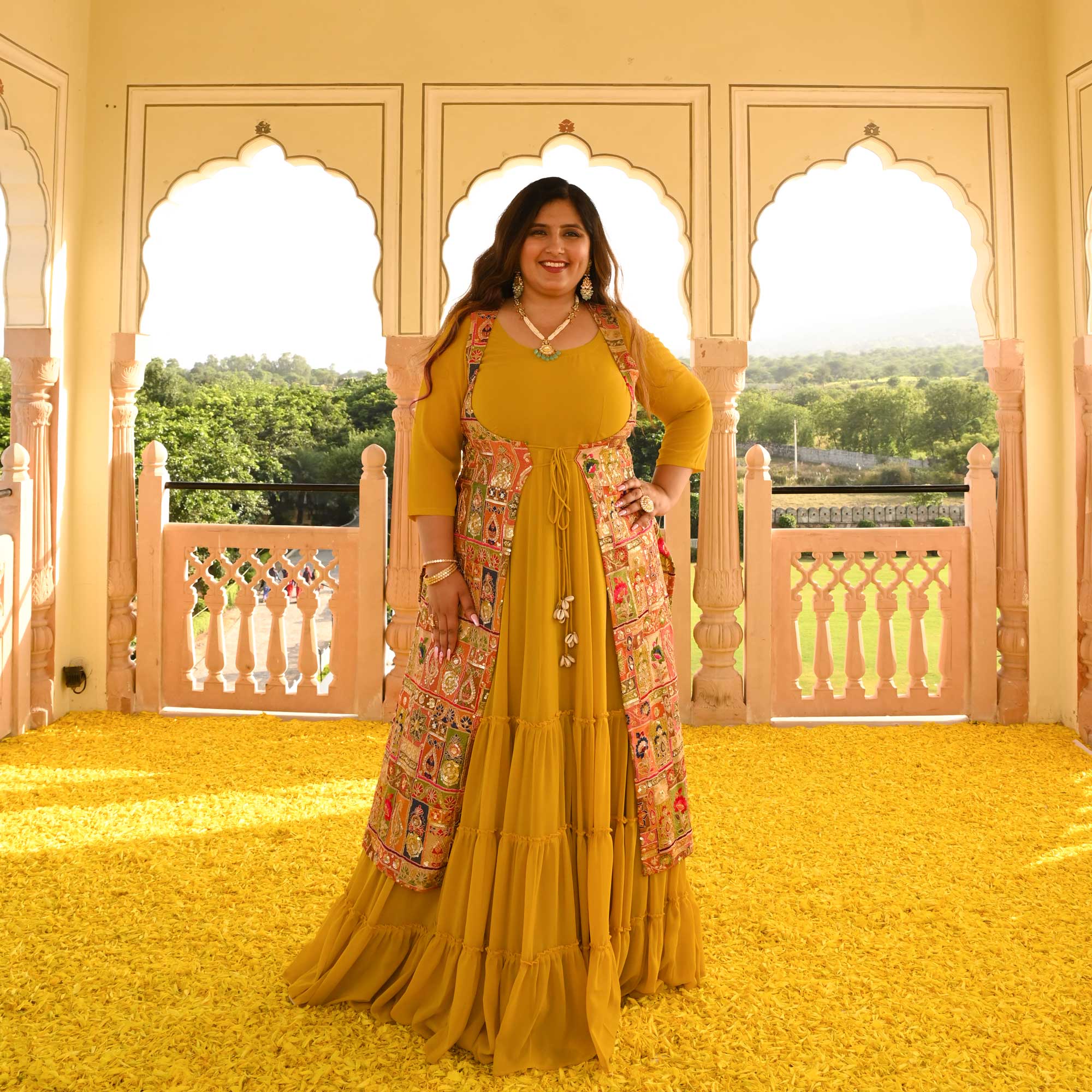 Royal Glow Tiered Dress With Embroidered Cape