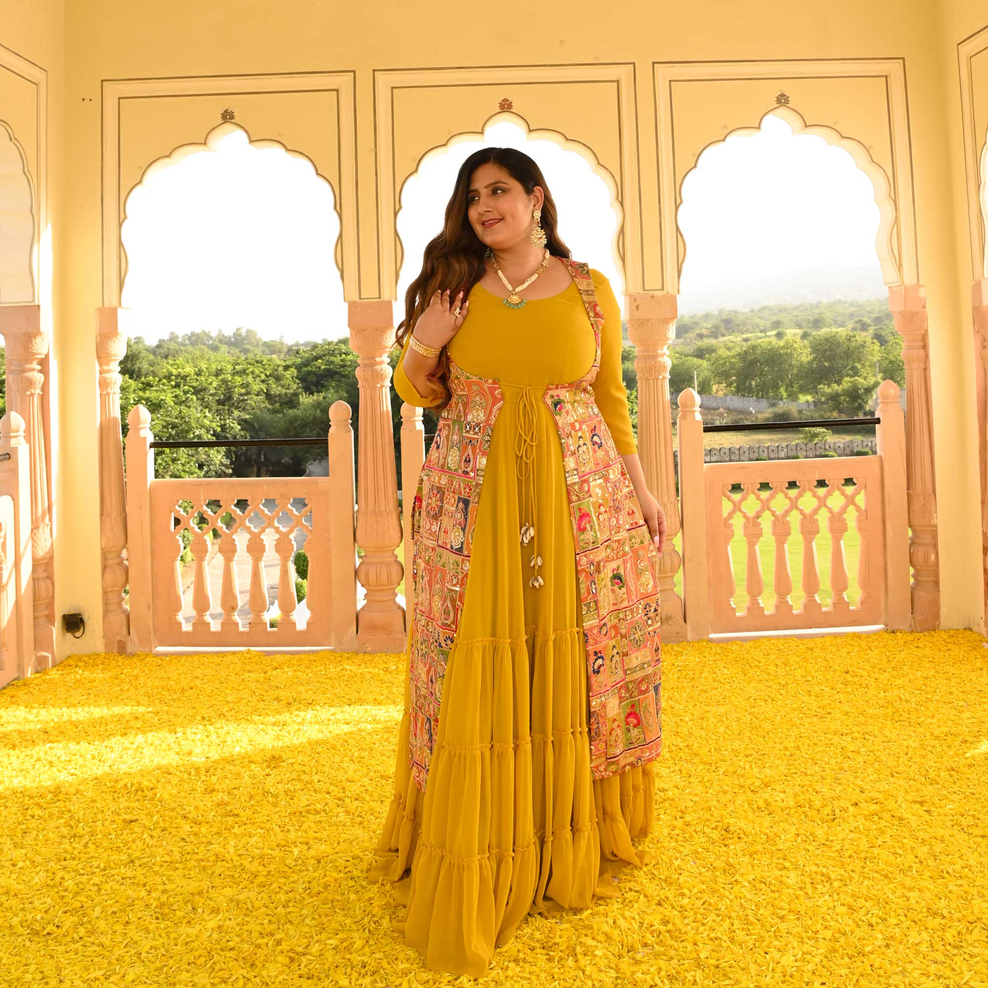 Royal Glow Tiered Dress With Embroidered Cape