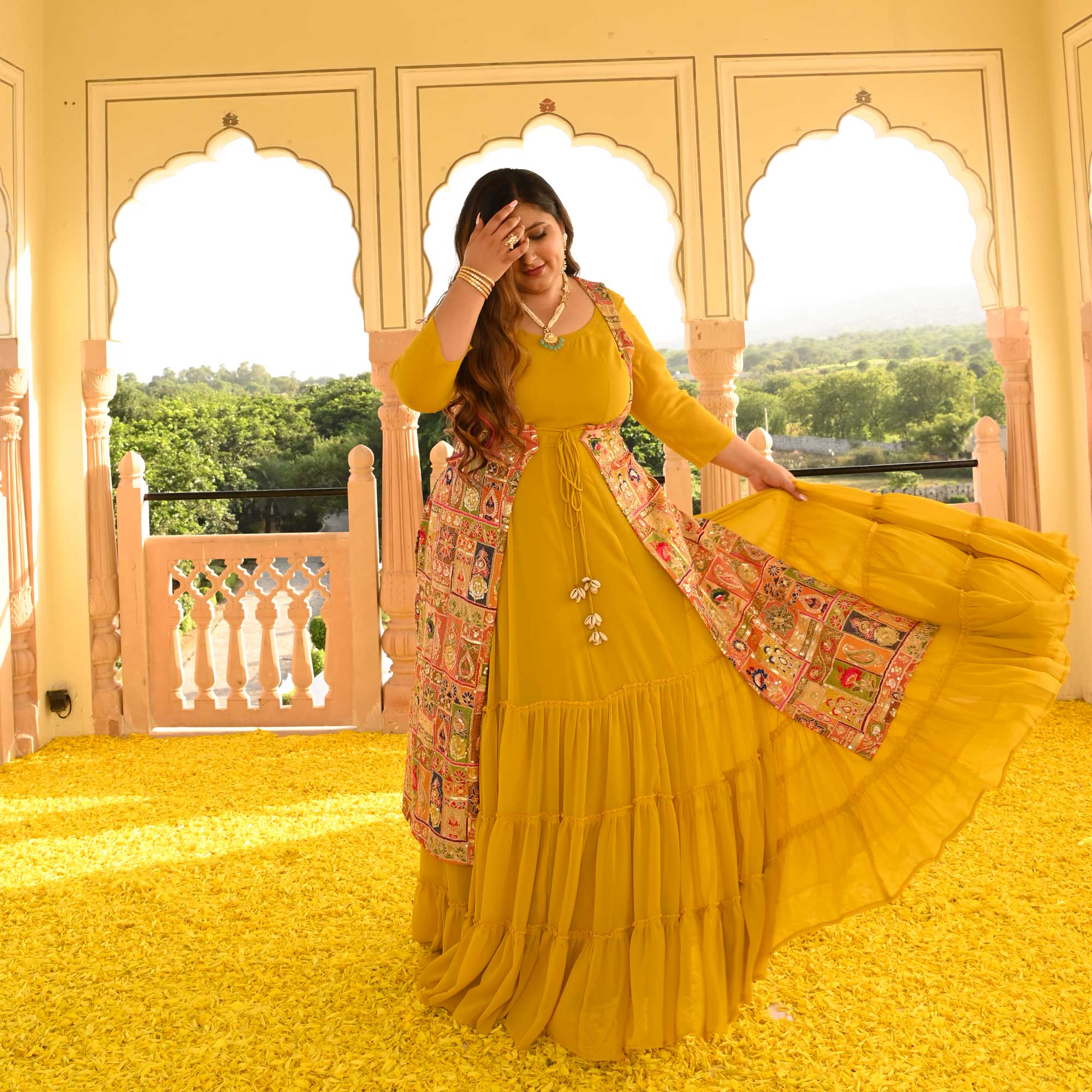 Royal Glow Tiered Dress With Embroidered Cape