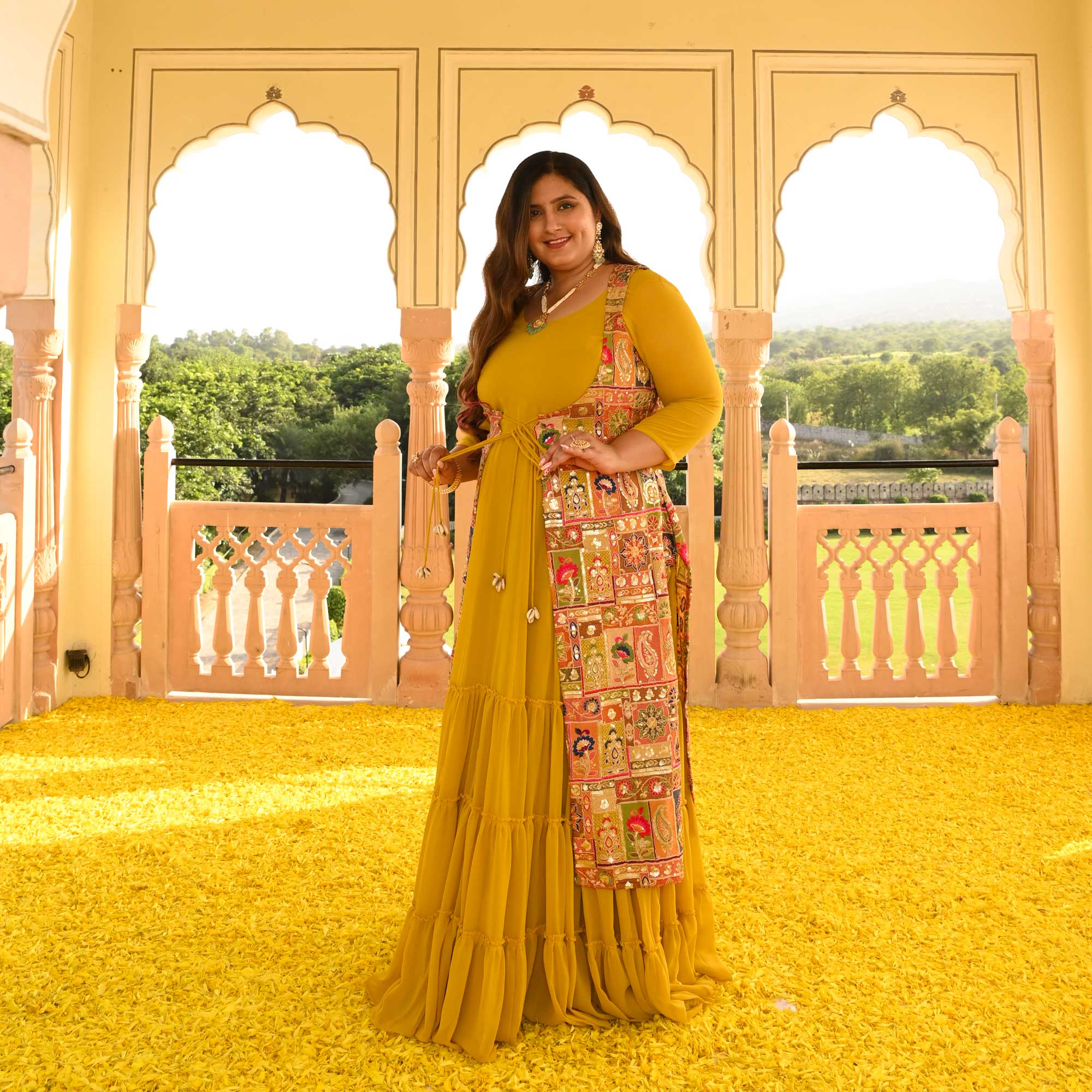 Royal Glow Tiered Dress With Embroidered Cape