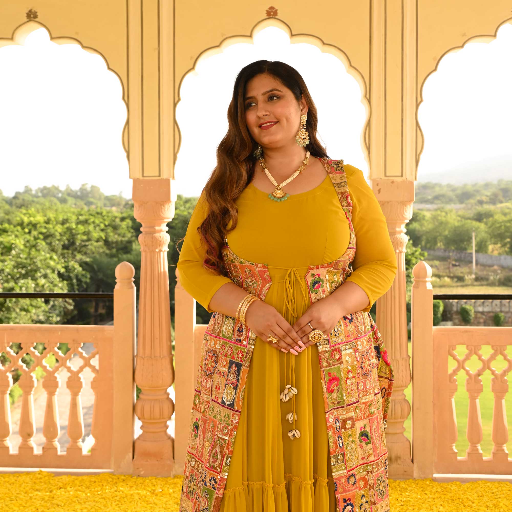 Royal Glow Tiered Dress With Embroidered Cape