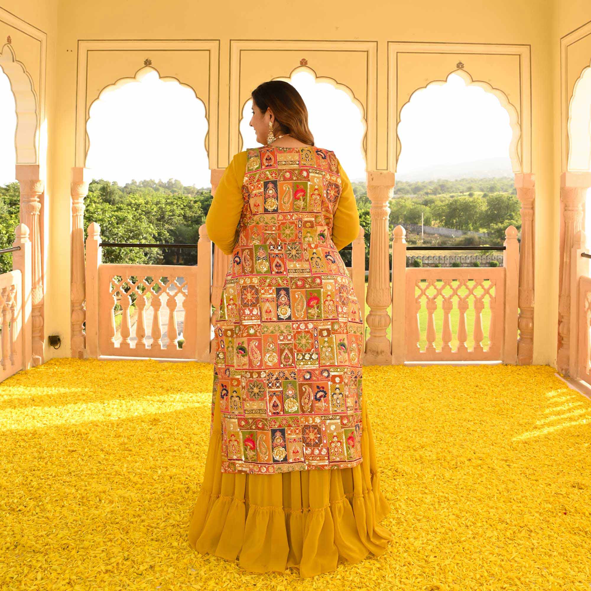 Royal Glow Tiered Dress With Embroidered Cape