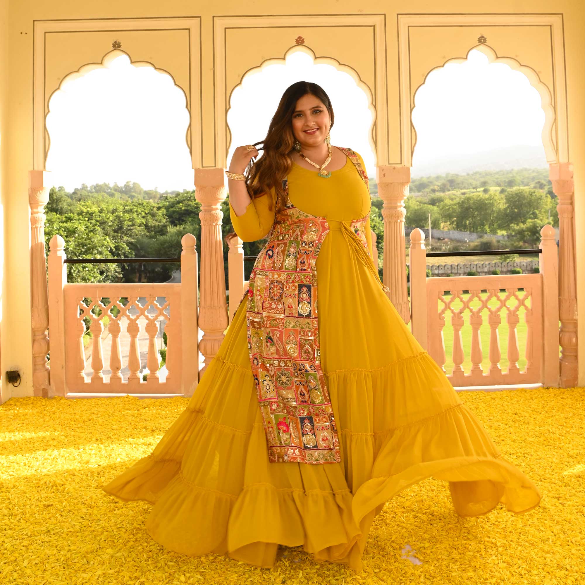 Royal Glow Tiered Dress With Embroidered Cape Royal Glow Tiered Dress With Embroidered Cape