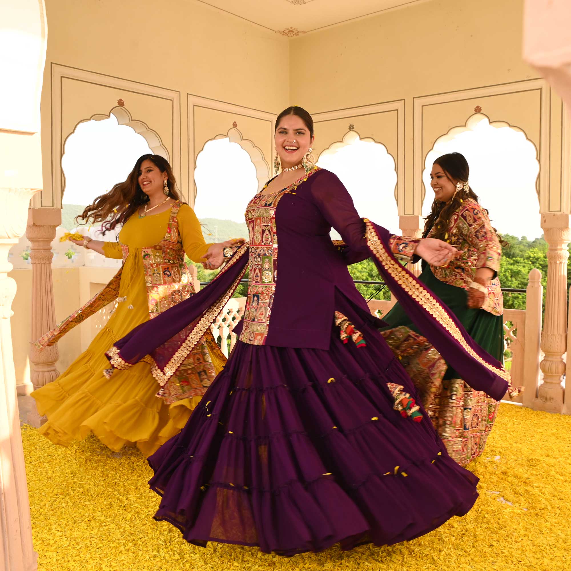 Royal Glow Tiered Dress With Embroidered Cape