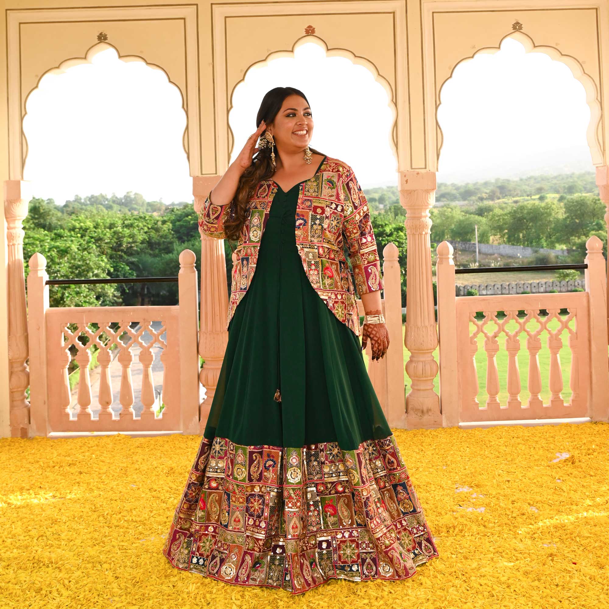 Regal Green Position Embroidered Anarkali With Koti