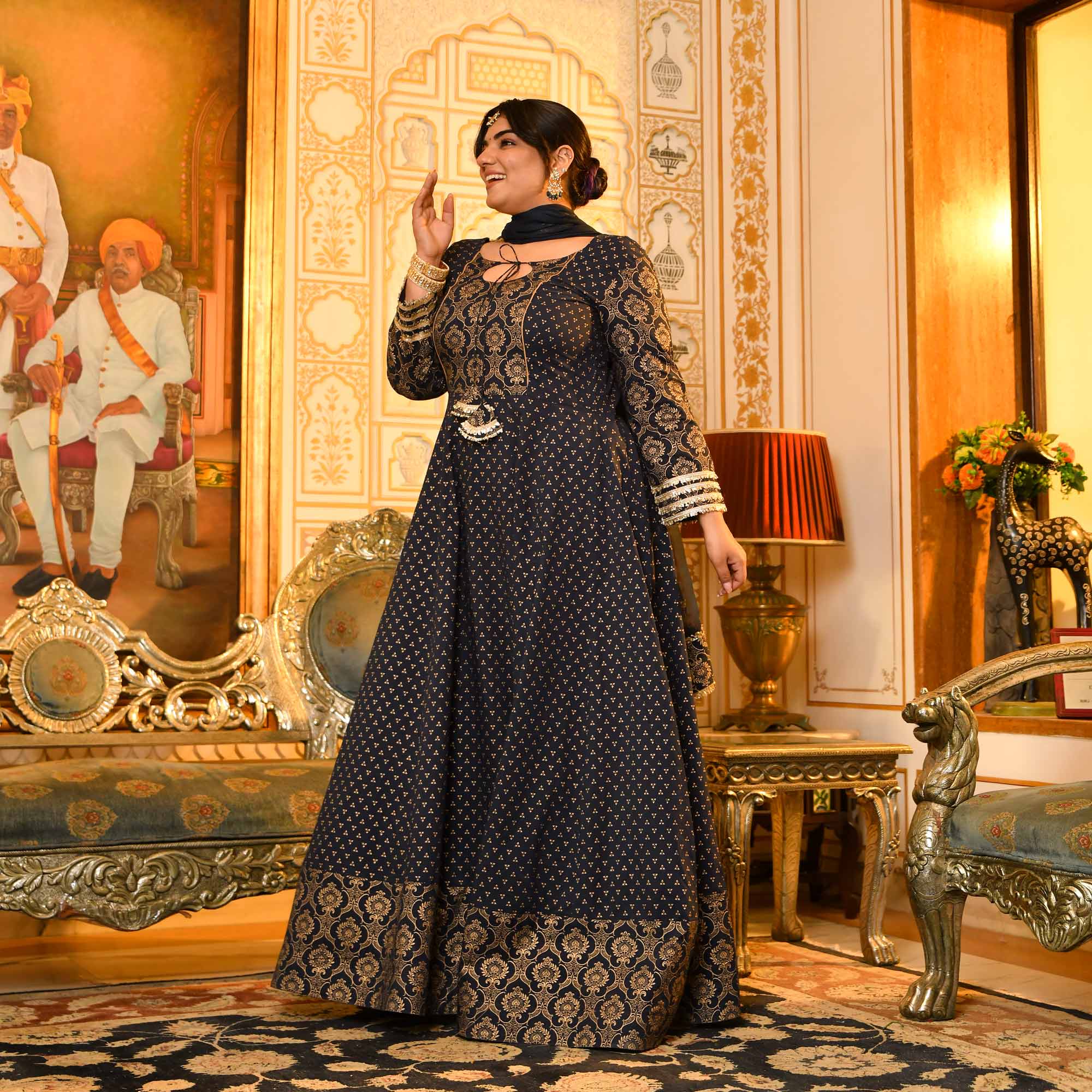 Kaushiki- Deep Blue & Gold Block Pure Cotton Printed Anarkali