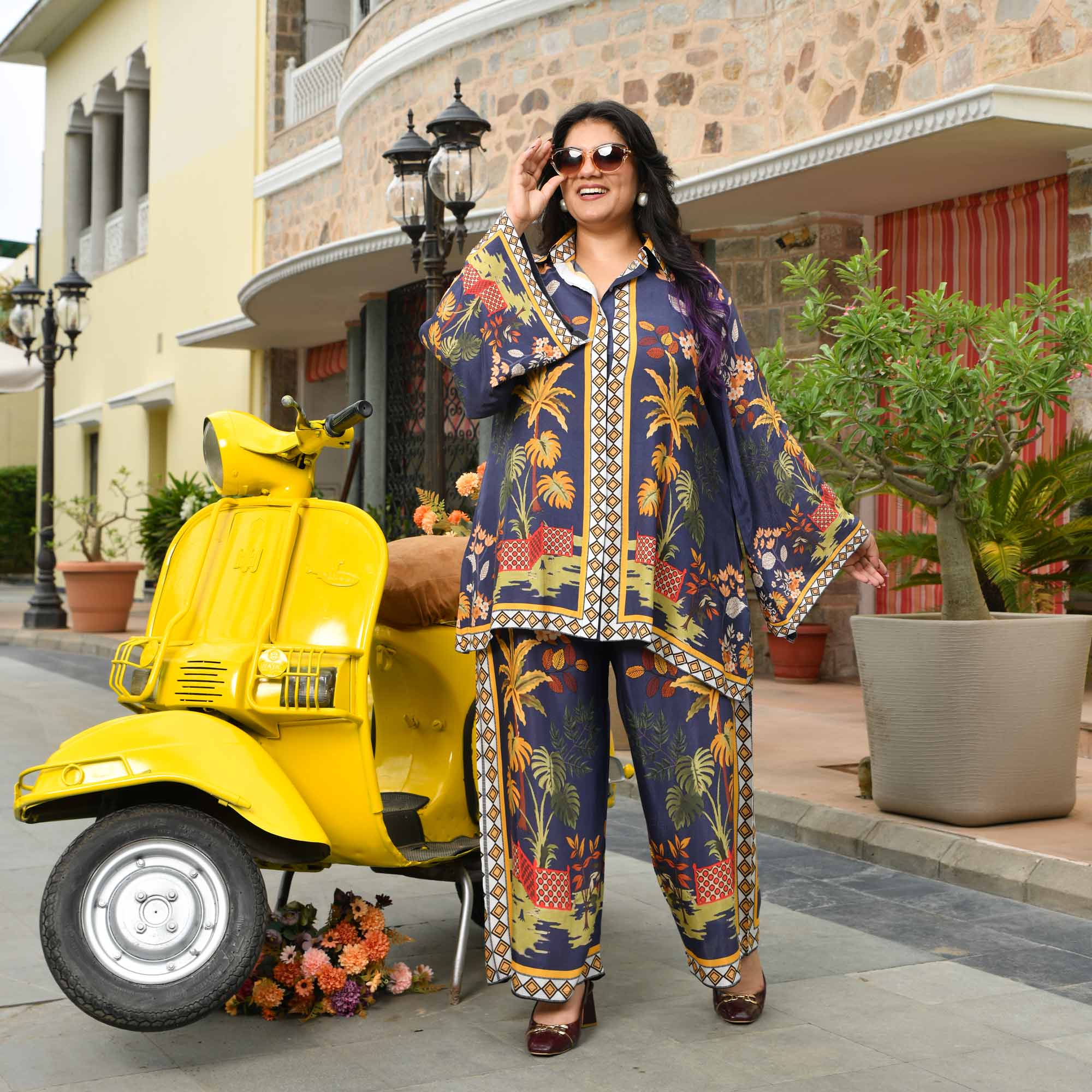 Stella- Navy Blue Tropical Pure Muslin Shirt Co-ord Set