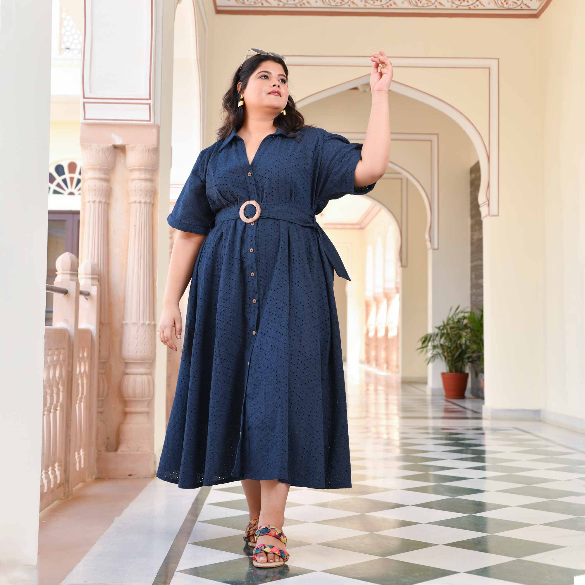 Lunar Blue Cotton Schiffli A-line Dress