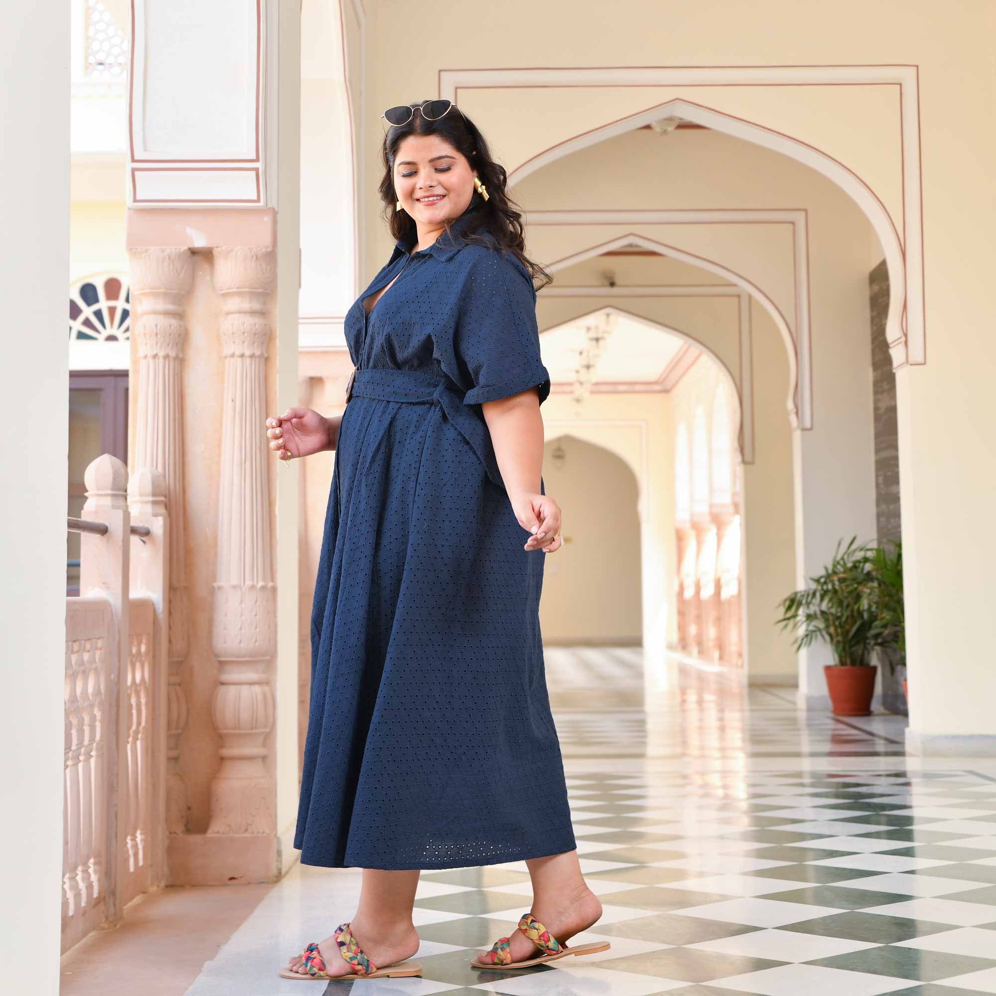 Lunar Blue Cotton Schiffli A-line Dress