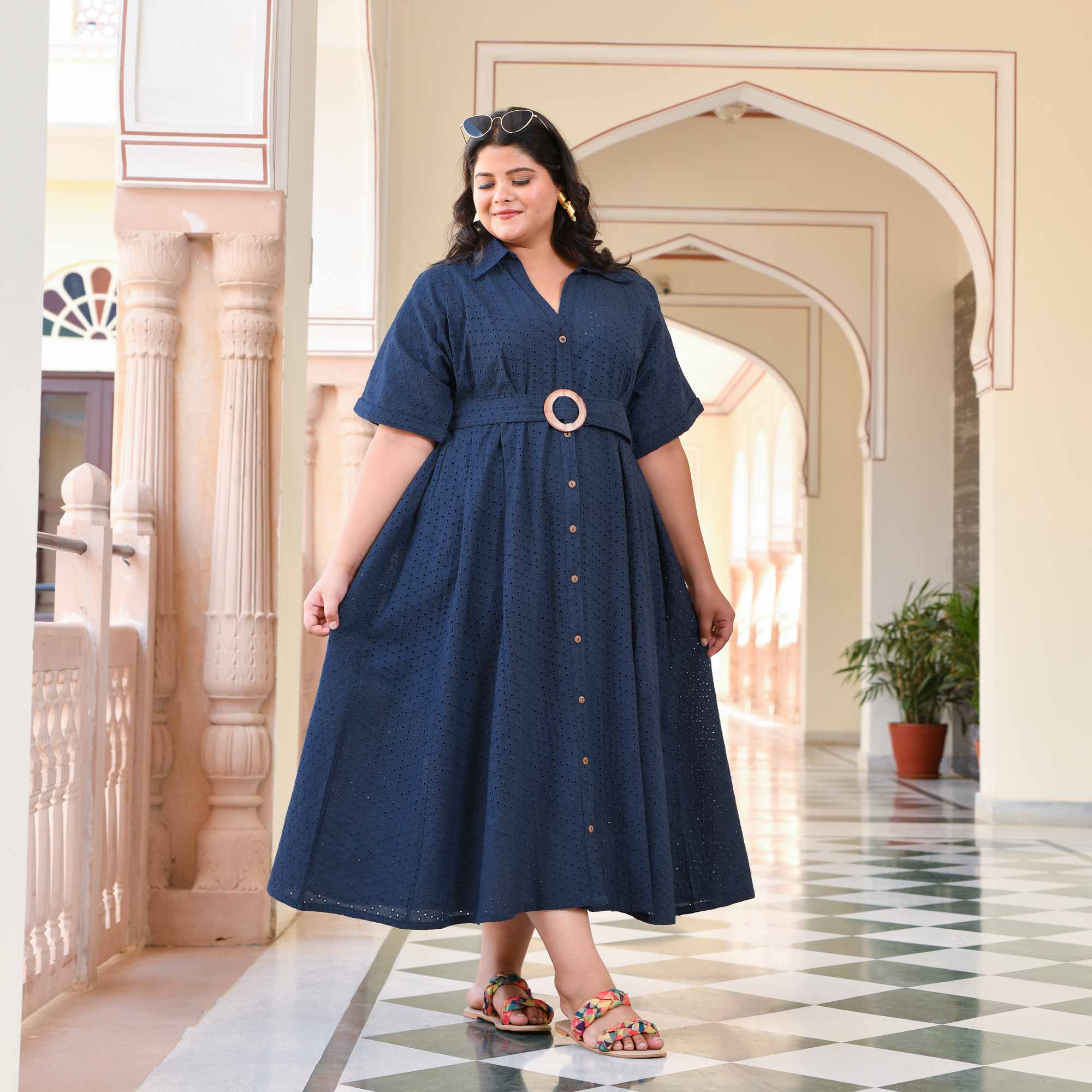 Lunar Blue Cotton Schiffli A-line Dress