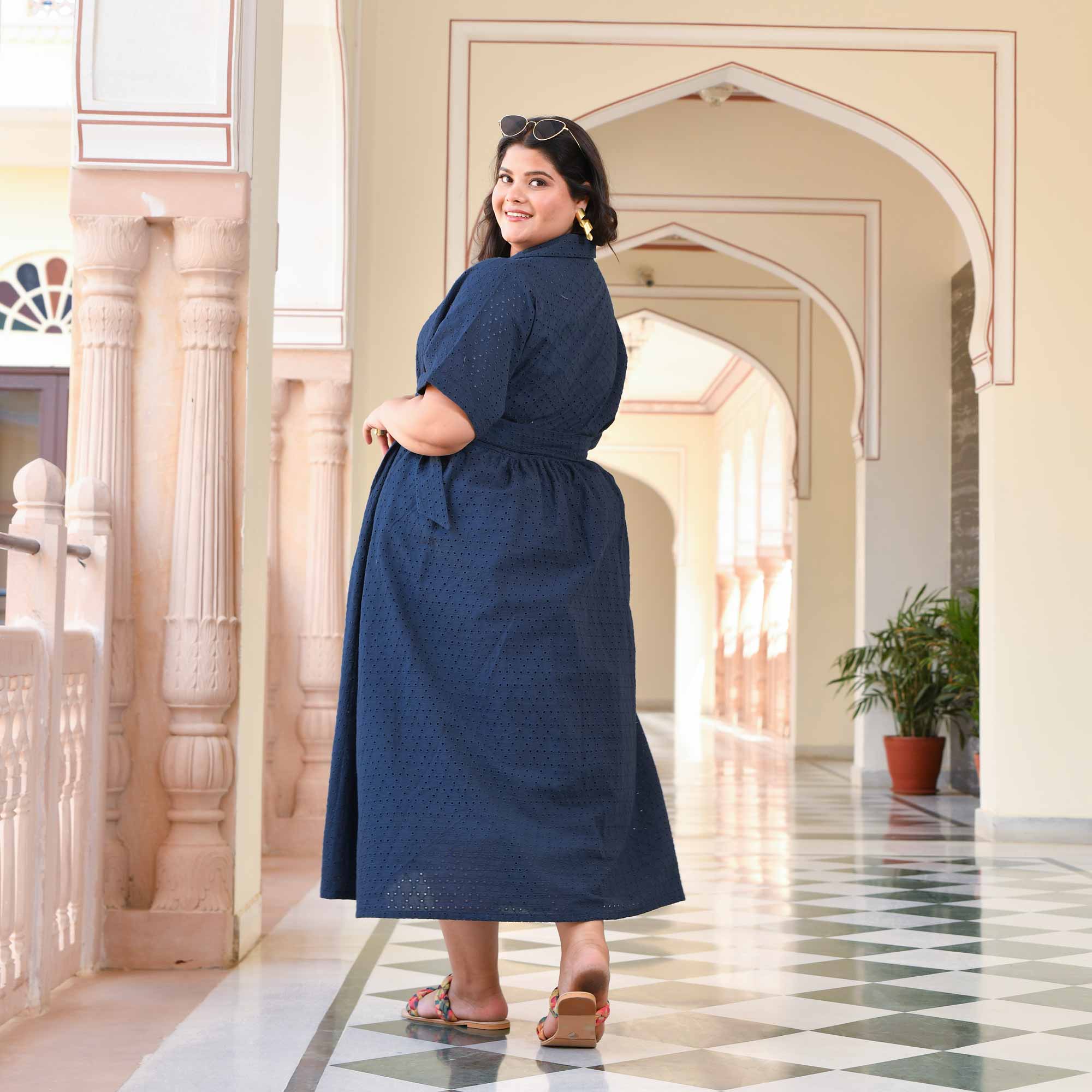 Lunar Blue Cotton Schiffli A-line Dress