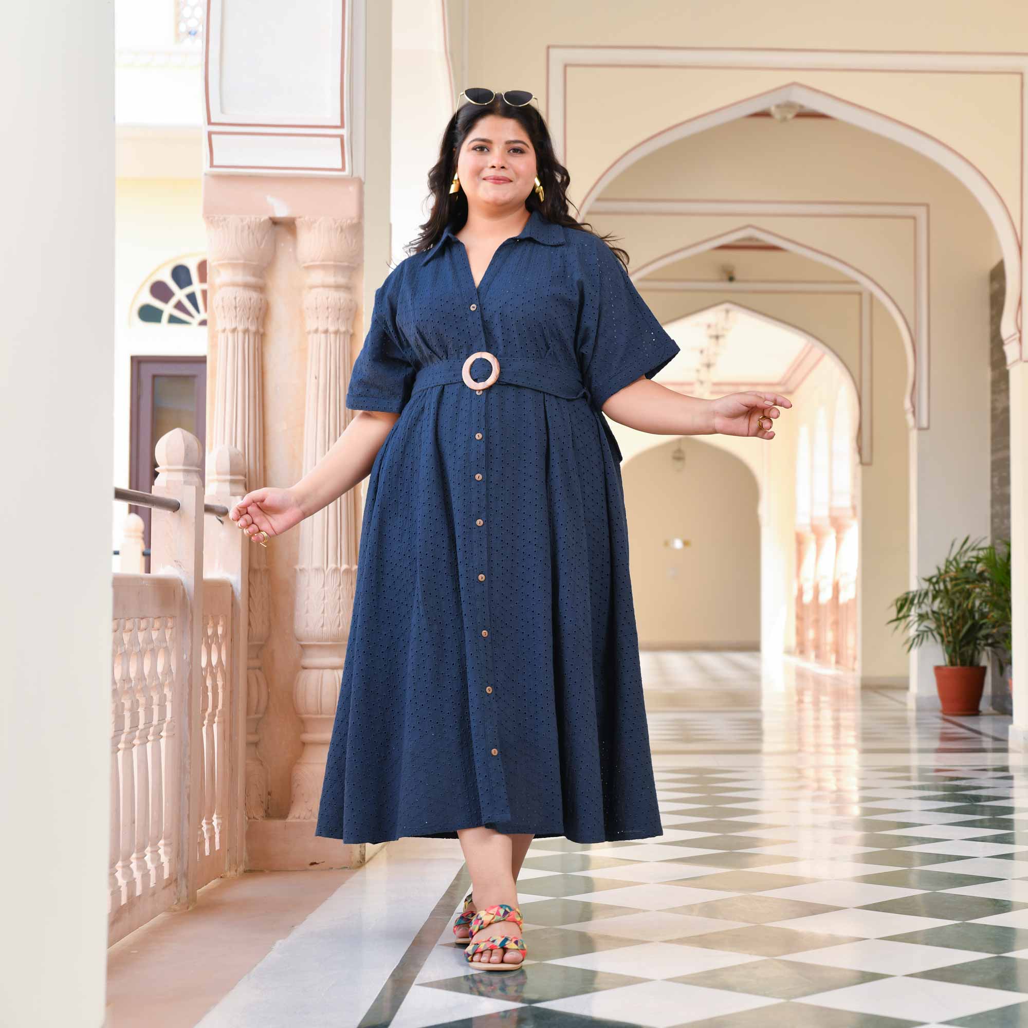 Lunar Blue Cotton Schiffli A-line Dress