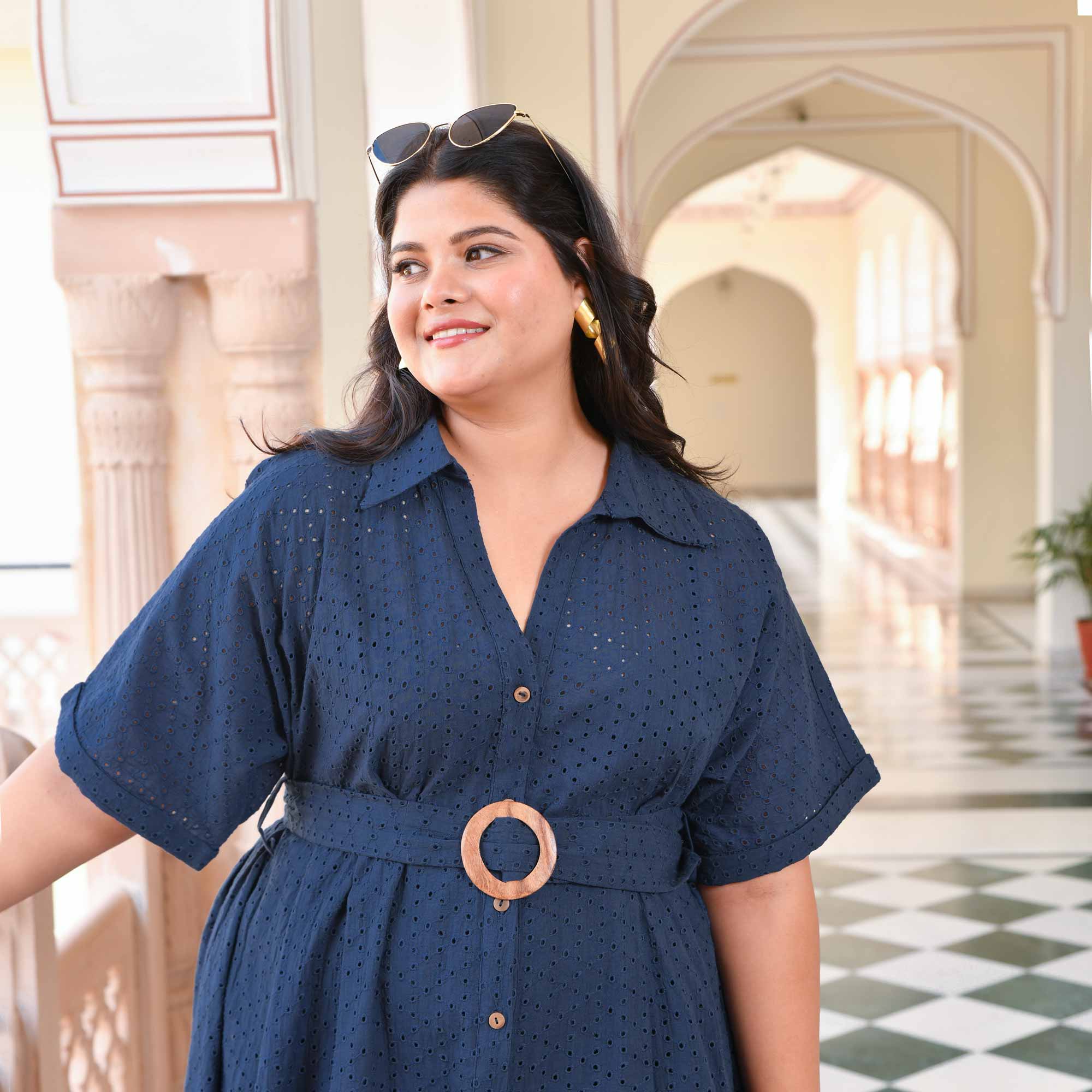 Lunar Blue Cotton Schiffli A-line Dress