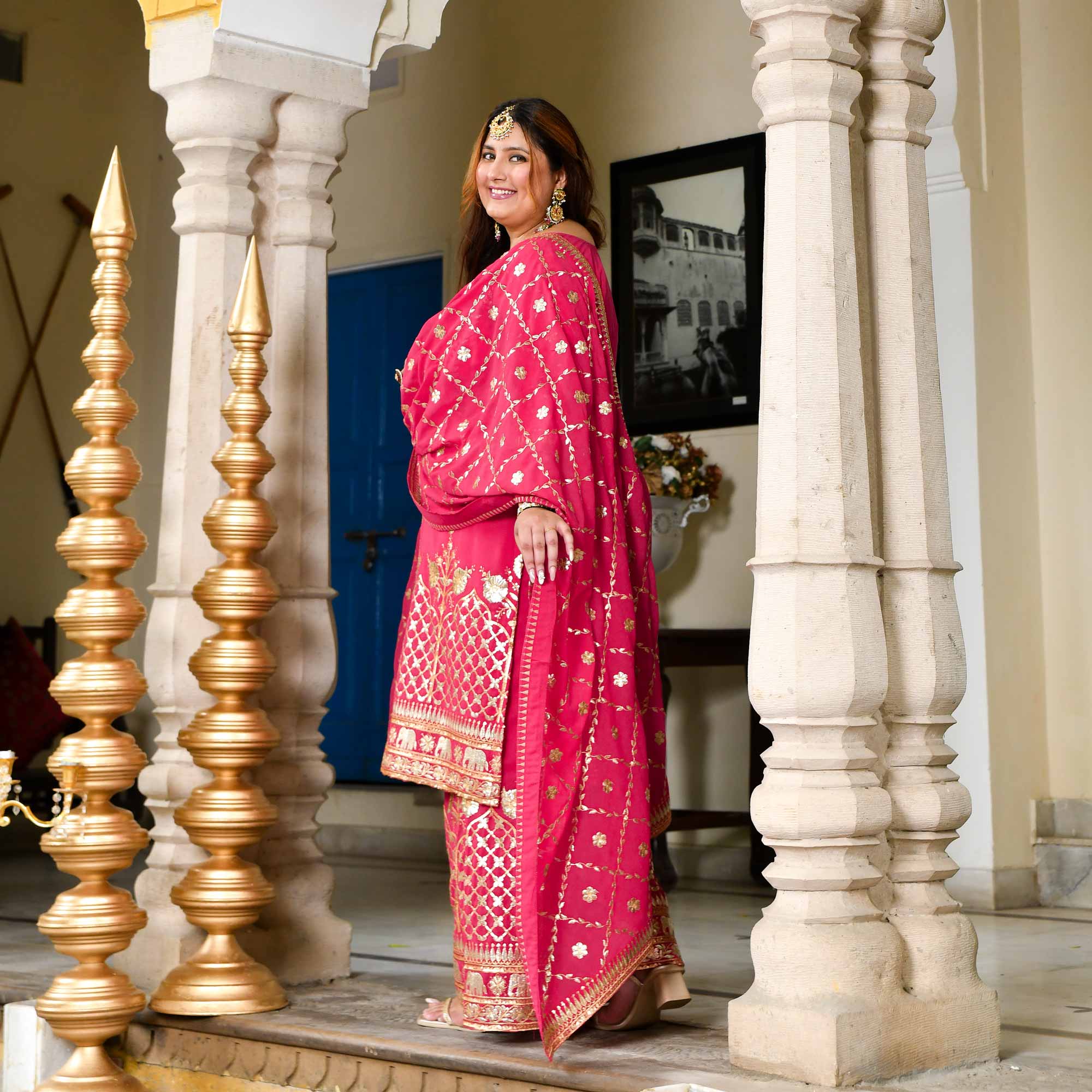 Plush-Deep Pink Zari Embroidered Georgette Suit Set