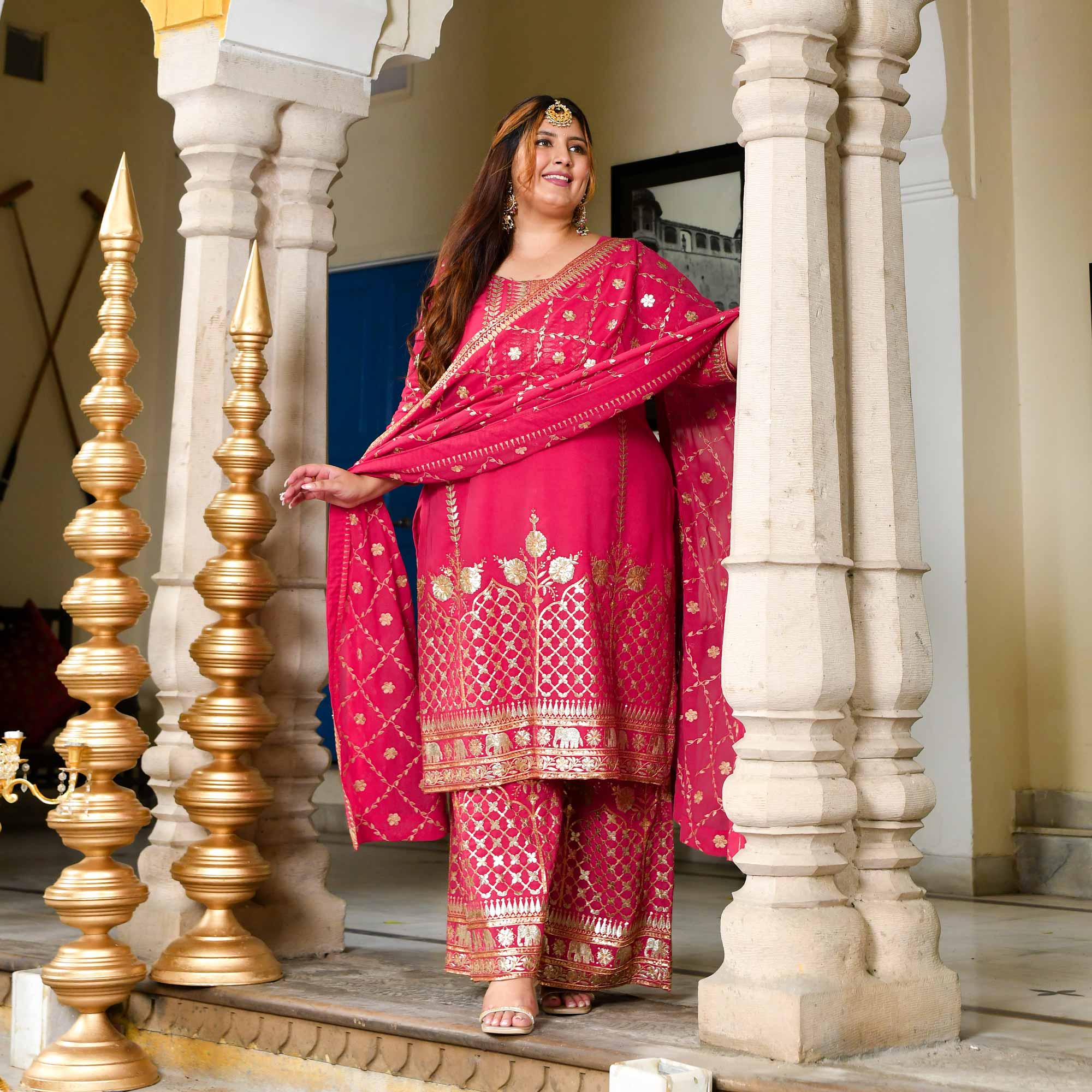 Plush-Deep Pink Zari Embroidered Georgette Suit Set