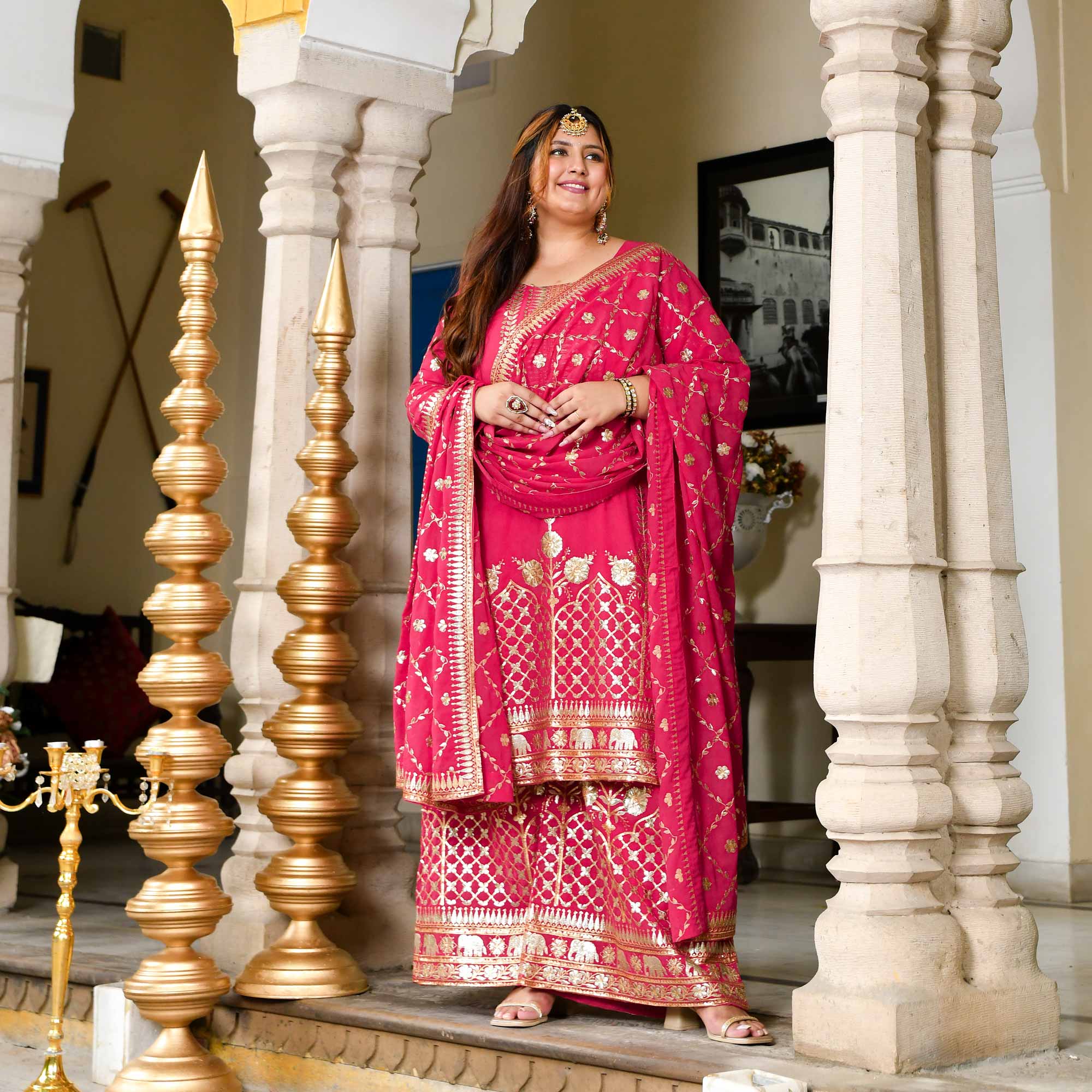 Plush-Deep Pink Zari Embroidered Georgette Suit Set