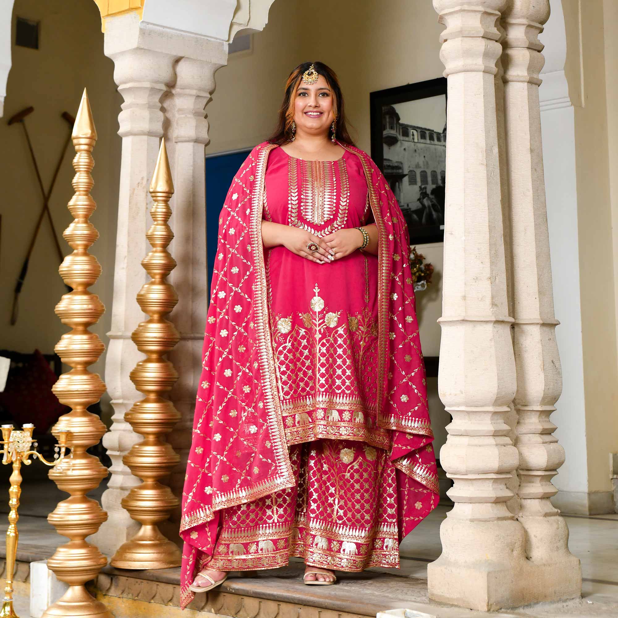 Plush-Deep Pink Zari Embroidered Georgette Suit Set