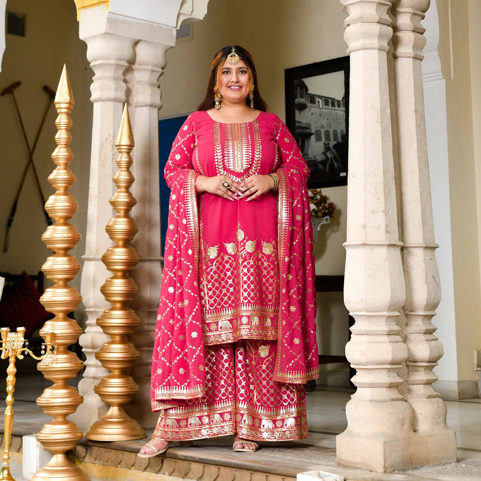 Plush-Deep Pink Zari Embroidered Georgette Suit Set