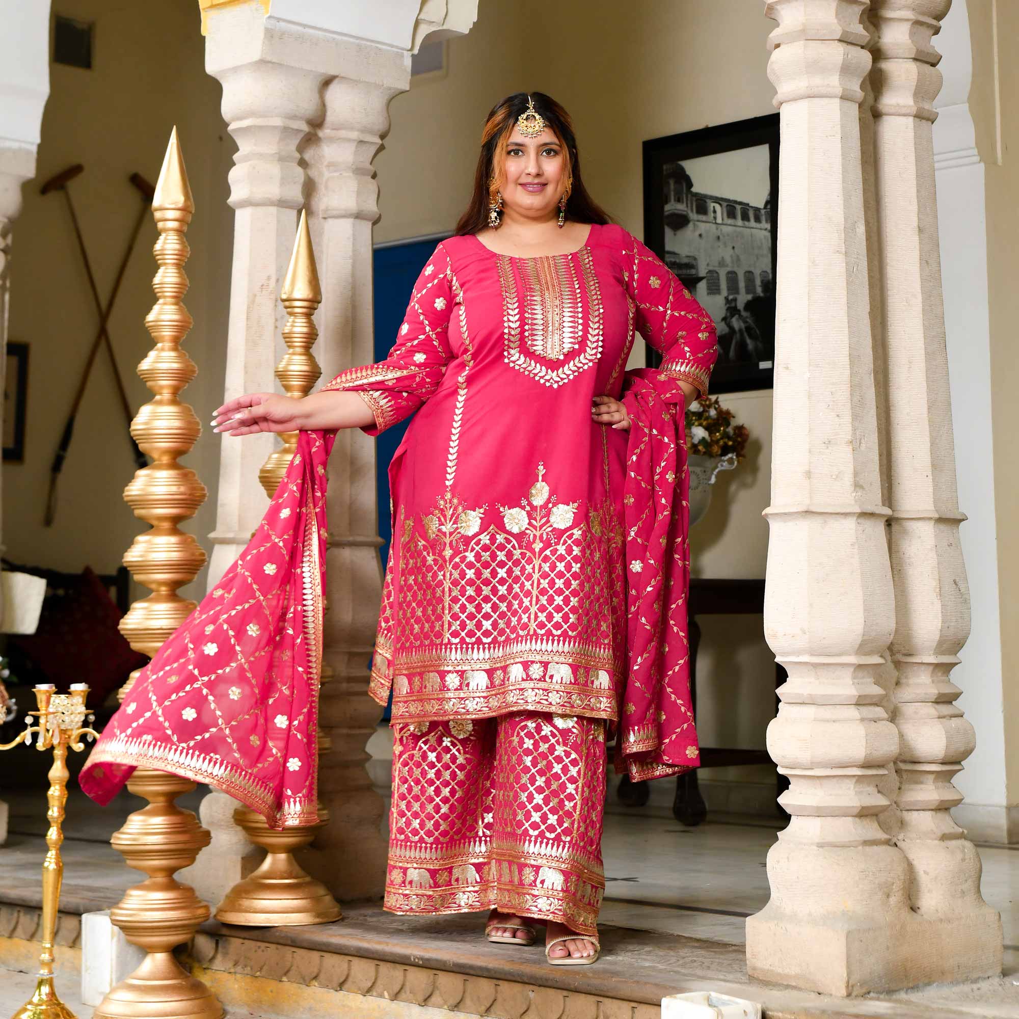 Plush-Deep Pink Zari Embroidered Georgette Suit Set