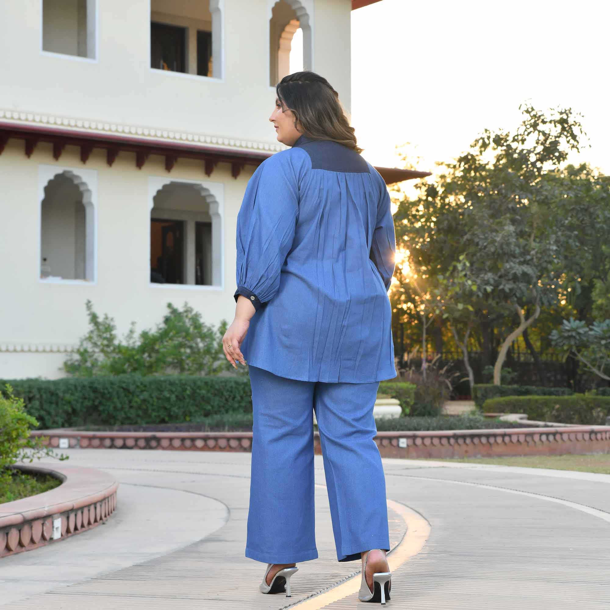 Wonderland- Medium Blue Denim Lycra Shirt Co-Ord Set