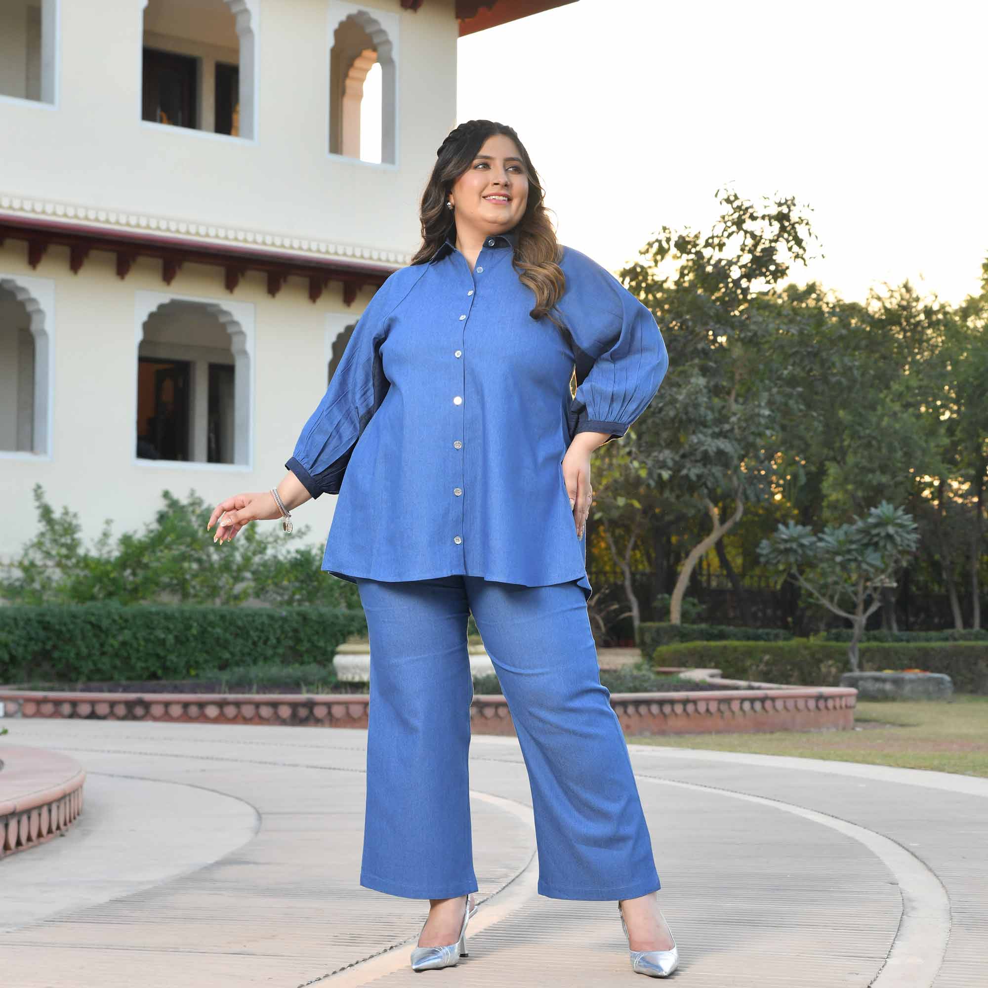 Wonderland- Medium Blue Denim Lycra Shirt Co-Ord Set
