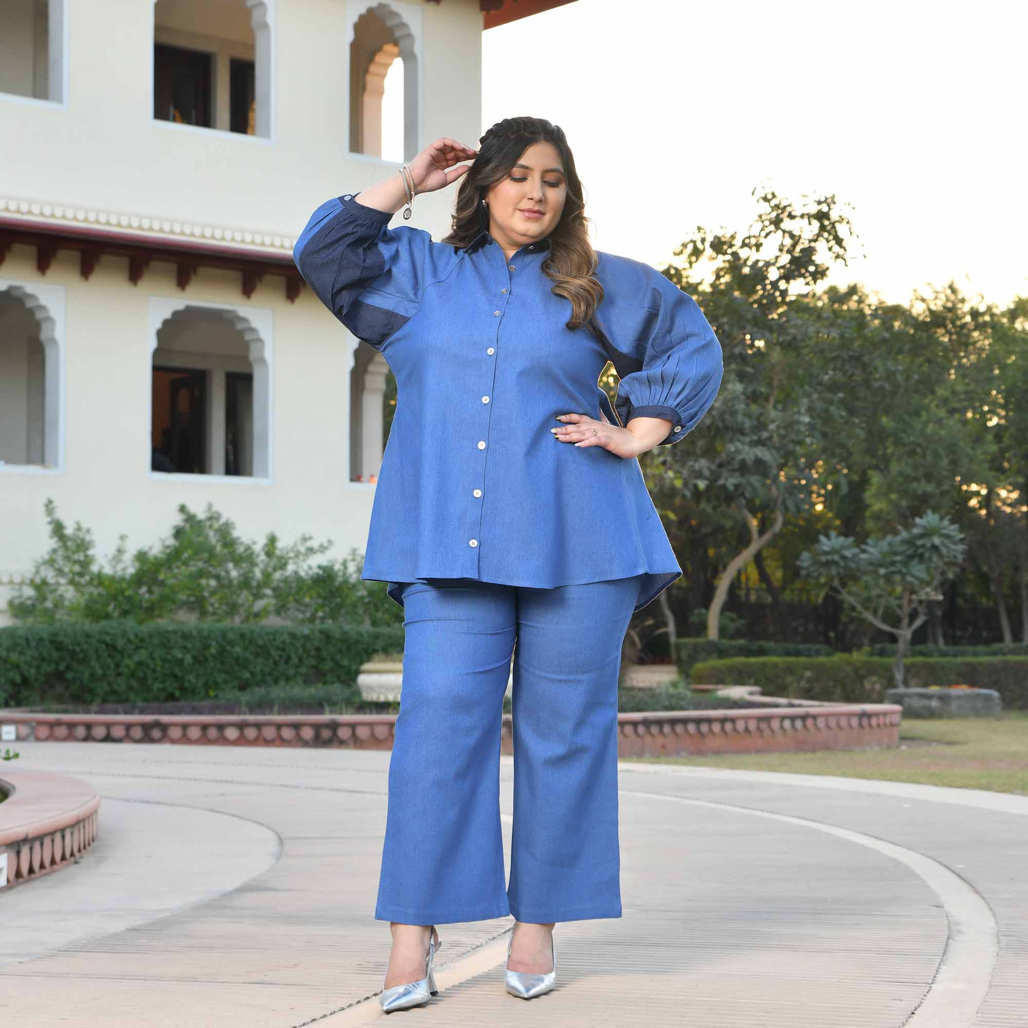Wonderland- Medium Blue Denim Lycra Shirt Co-Ord Set