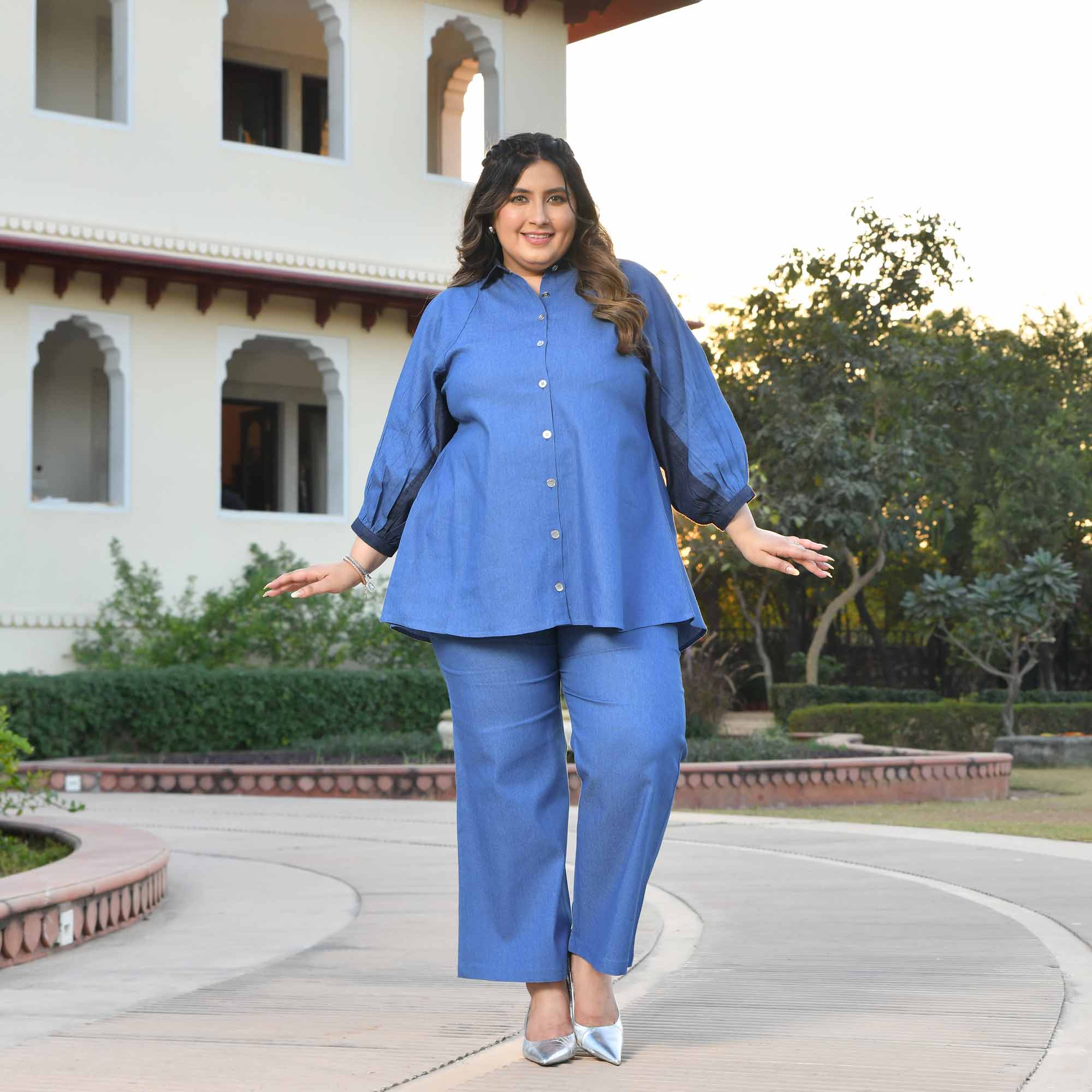 Wonderland- Medium Blue Denim Lycra Shirt Co-Ord Set