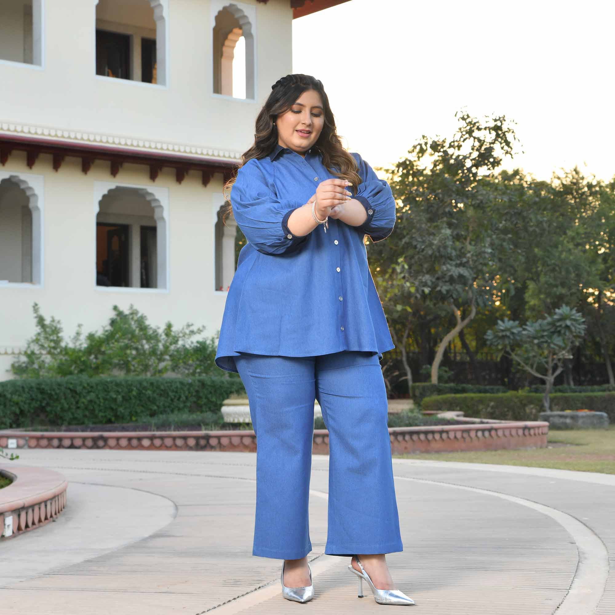 Wonderland- Medium Blue Denim Lycra Shirt Co-Ord Set