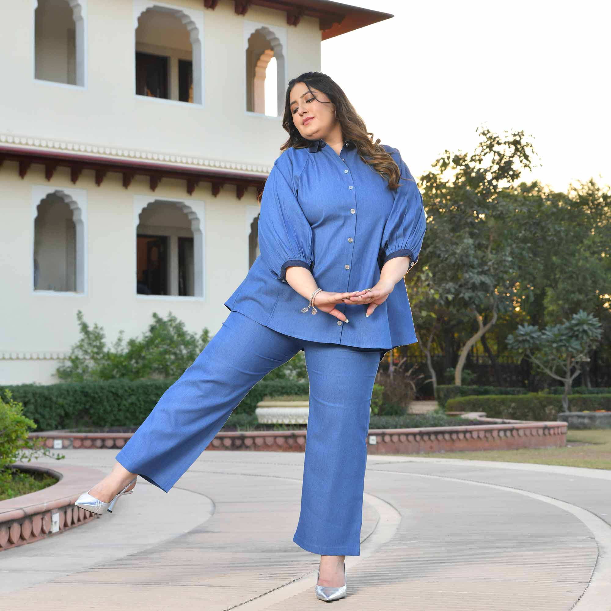 Wonderland- Medium Blue Denim Lycra Shirt Co-Ord Set