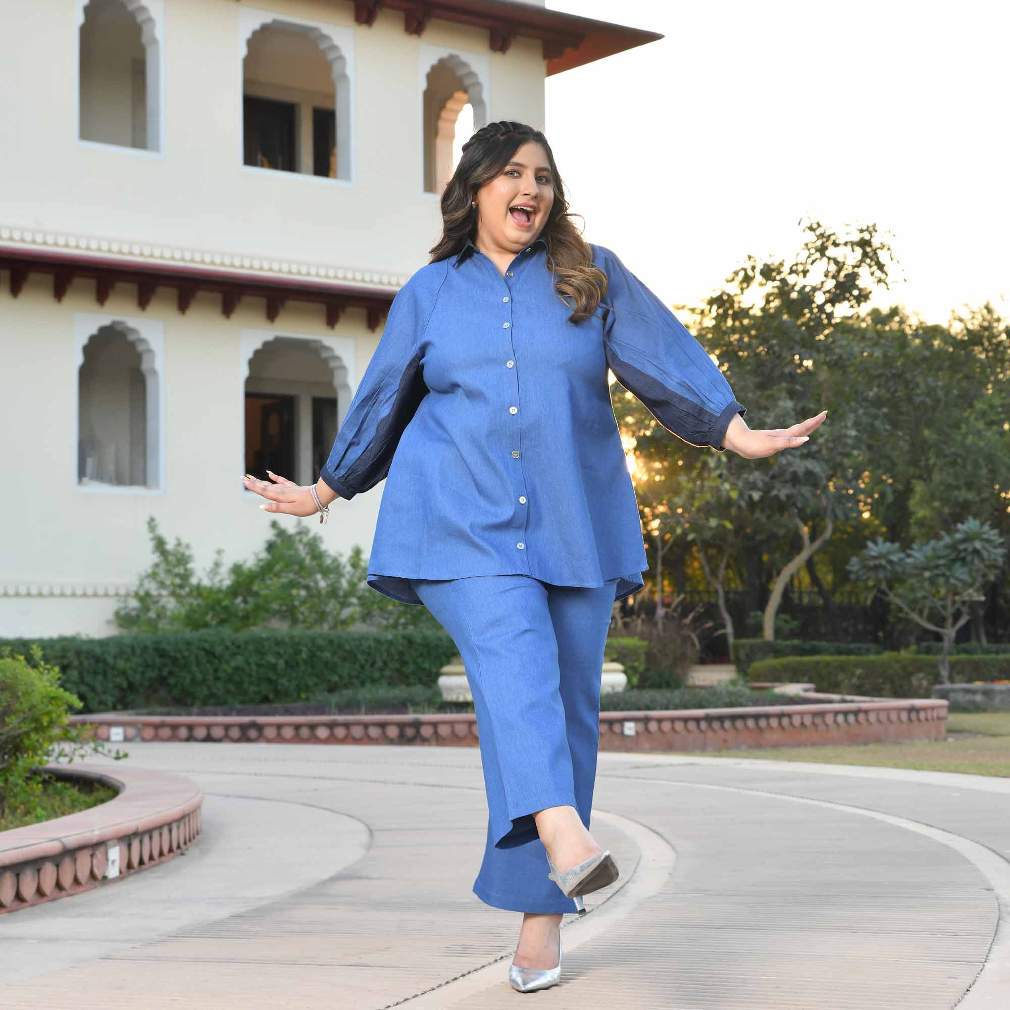 Wonderland- Medium Blue Denim Lycra Shirt Co-Ord Set