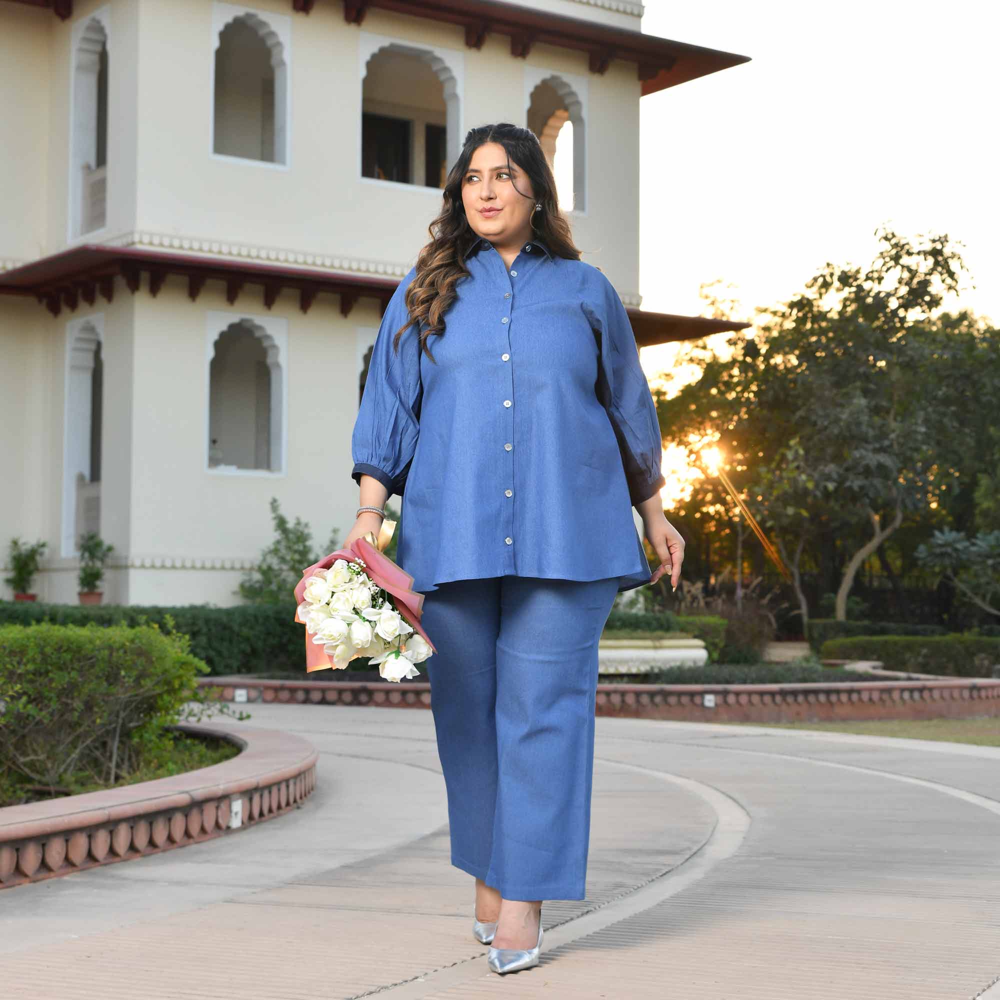 Wonderland- Medium Blue Denim Lycra Shirt Co-Ord Set