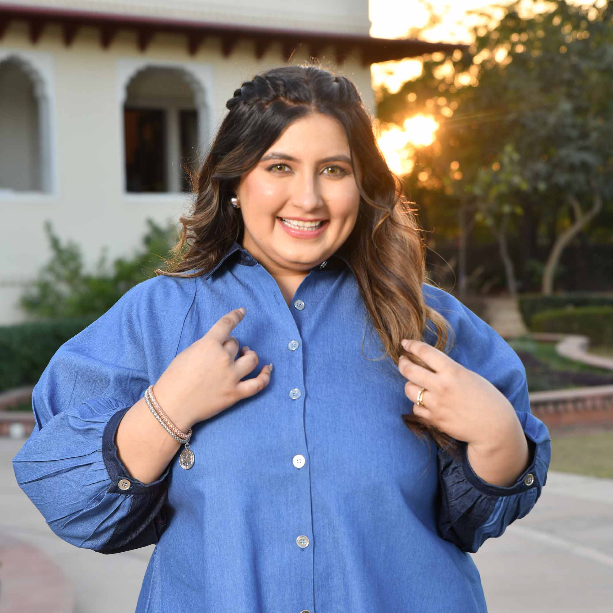 Wonderland- Medium Blue Denim Lycra Shirt Co-Ord Set