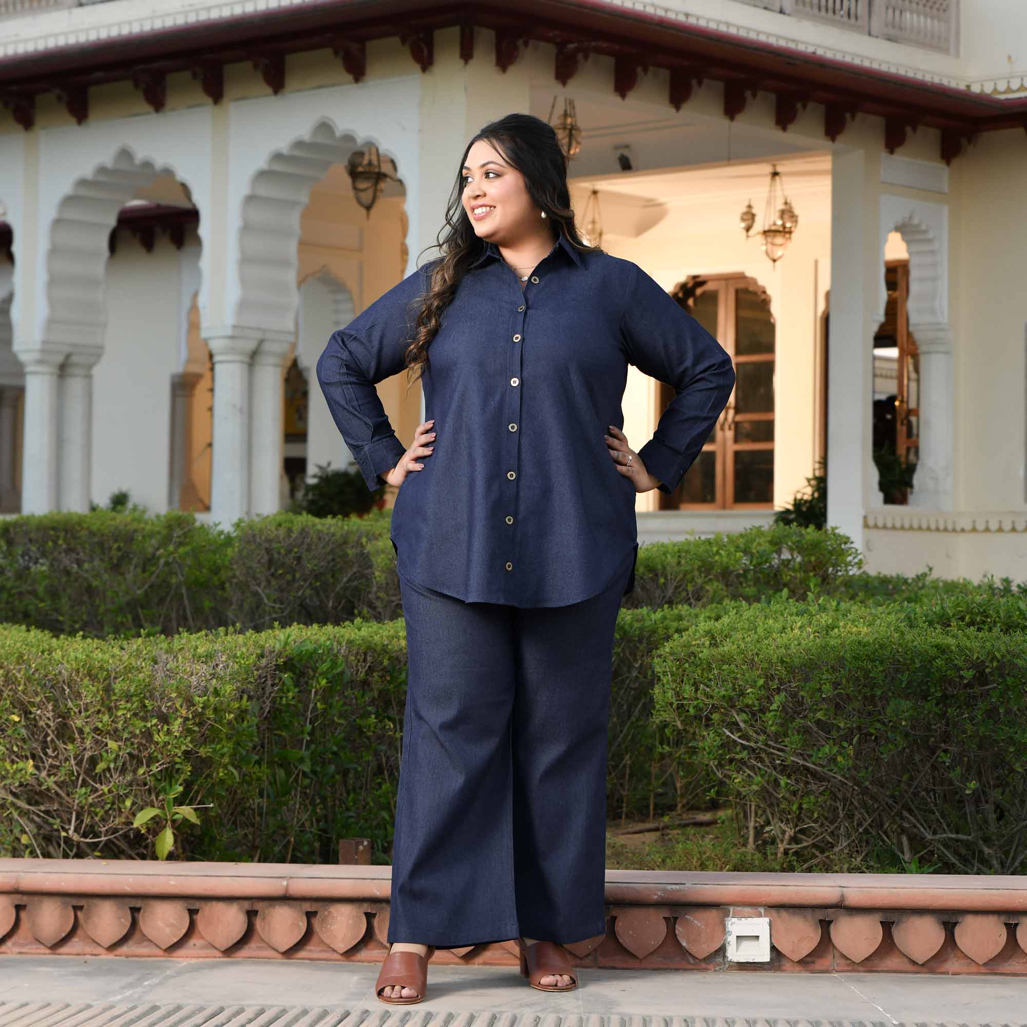 Rom-Com - Deep Blue Denim Lycra Shirt Co-Ord Set