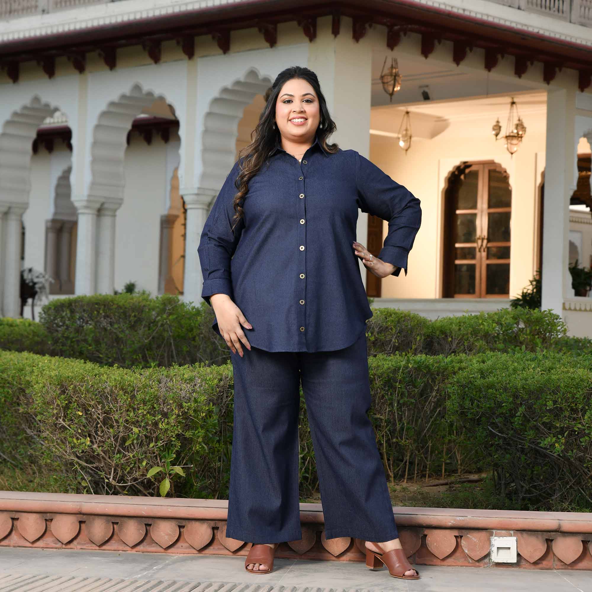 Rom-Com - Deep Blue Denim Lycra Shirt Co-Ord Set